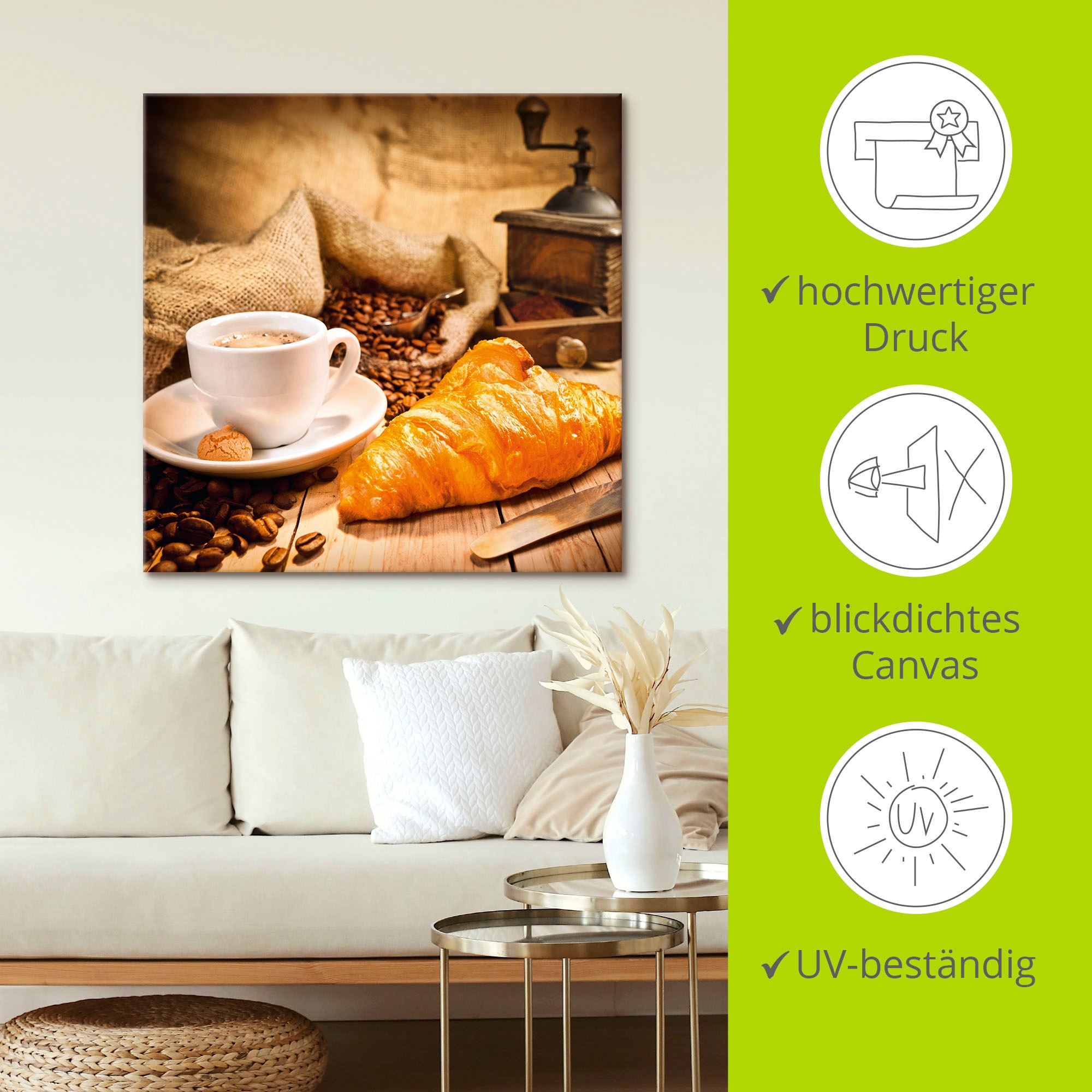 Artland Wandbild »Kaffeetasse mit Croissant«, Getränke, (1 St.), als Leinwandbild, Poster in verschied. Größen