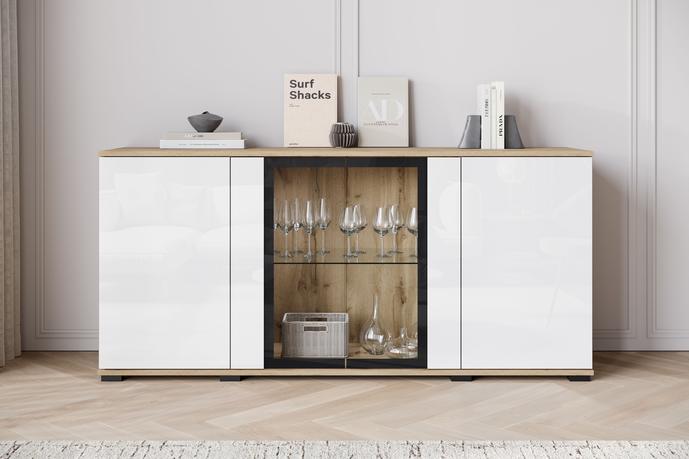 INOSIGN Sideboard »Caro, modernes Design mit Glaseinsätzen, Breite 150 cm«, (1 St.), Grifflose Fronten mit Push-to-Open, höhenverstellbare Einlegeböden
