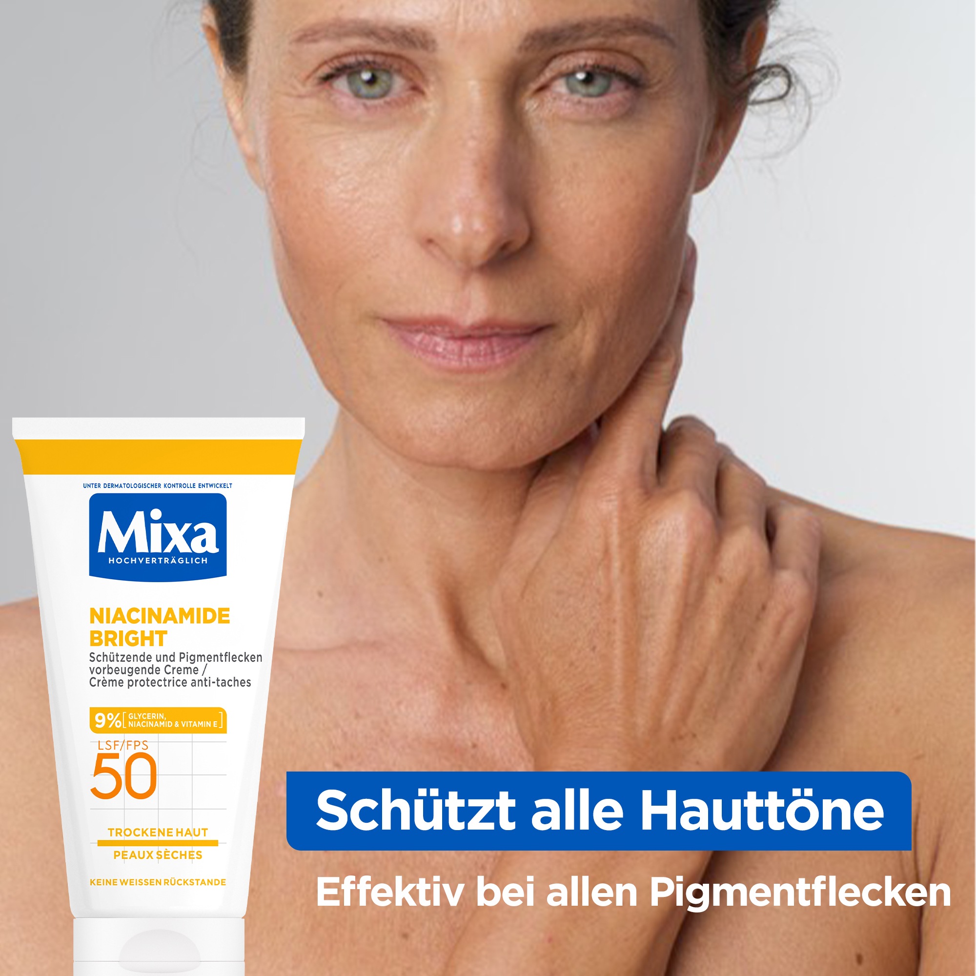 Mixa Körpercreme »Mixa Niacinamide Bright Creme LSF 50«, Mildert sonnenbedingte Pigmentflecken, versorgt trockene Haut.