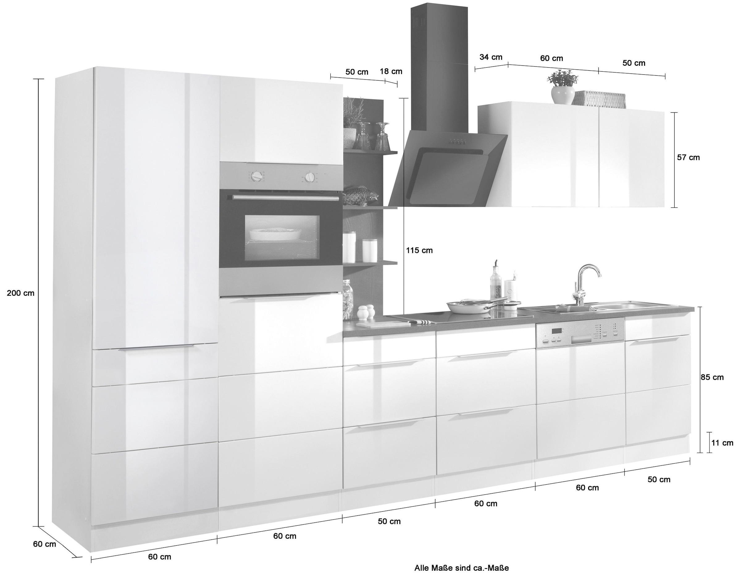 KOCHSTATION Küchenzeile »KS-Brindisi Breite 340 cm«, wahlweise mit E-Geräten und Induktion, mit MDF-Fronten und Regal