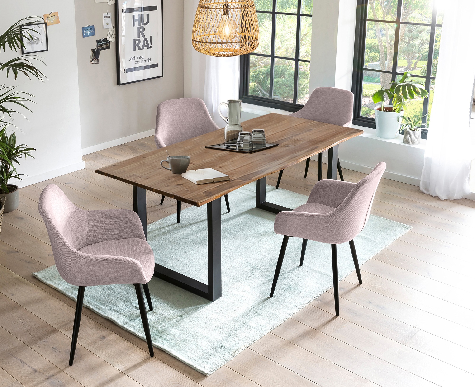 SALESFEVER Essgruppe »Essgruppe im schicken Stil« Set, 5 Stk. tlg. 5-teiliges Set: Tischplatte mit seidenmattem OSMO Hartwachs-Öl behande Walnuss,...