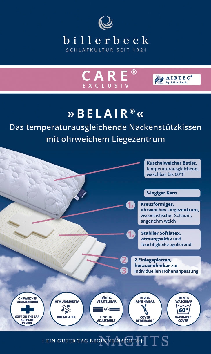billerbeck Nackenstützkissen »Belair, Kissen 40x80 cm, geeignet für Hausstauballergiker«, Füllung: VITA TALALAY® - Latex, Bezug: Kuschelweicher Batist (100% Baumwolle), versteppt mit AIRTEC® (100% Polyester), (1 St.)