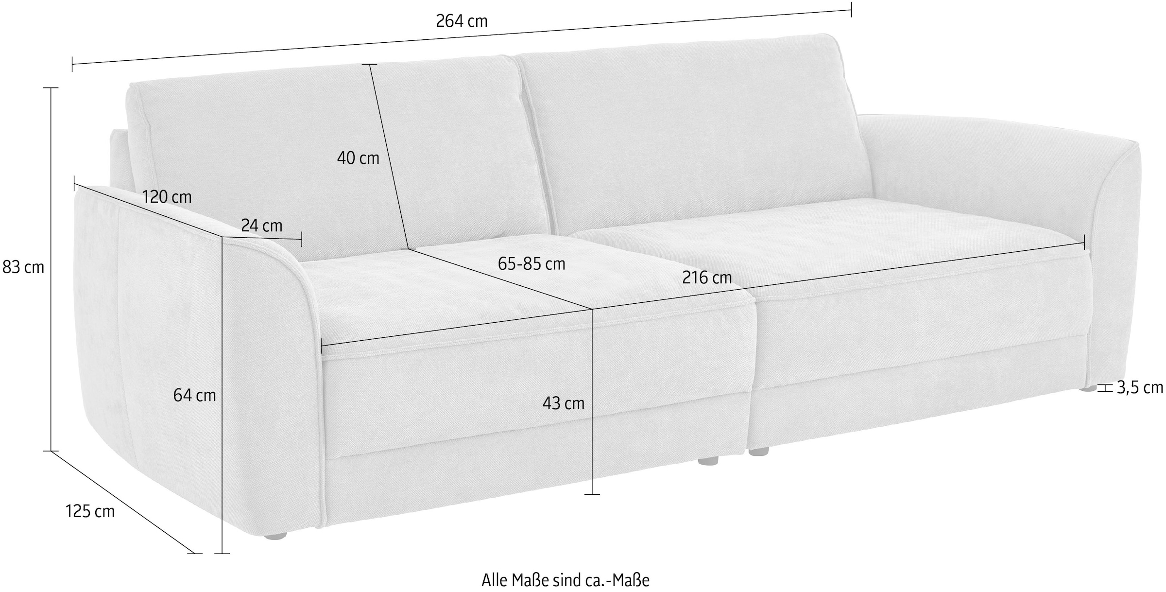 Die PlanBar Big-Sofa »ZE-EM24138, 264 cm breit, XXL Couch mit Softsitz« Kaltschaum Polstersofa, optional mit Sitztiefenverstellung