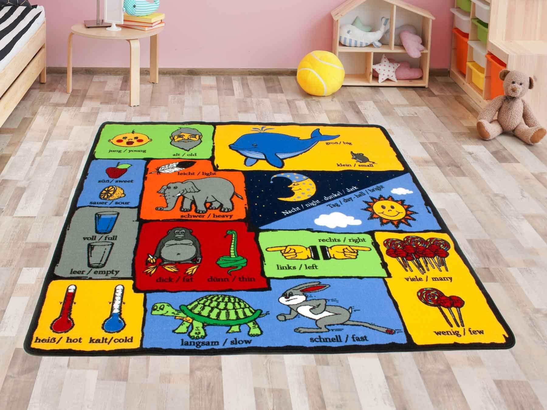 Primaflor-Ideen in Textil Kinderteppich »GEGENSÄTZE, Made in Belgium«, rechteckig, 5 mm Höhe, Spiel- und Lernteppich, Gegensätze lernen, Kinderzimmer