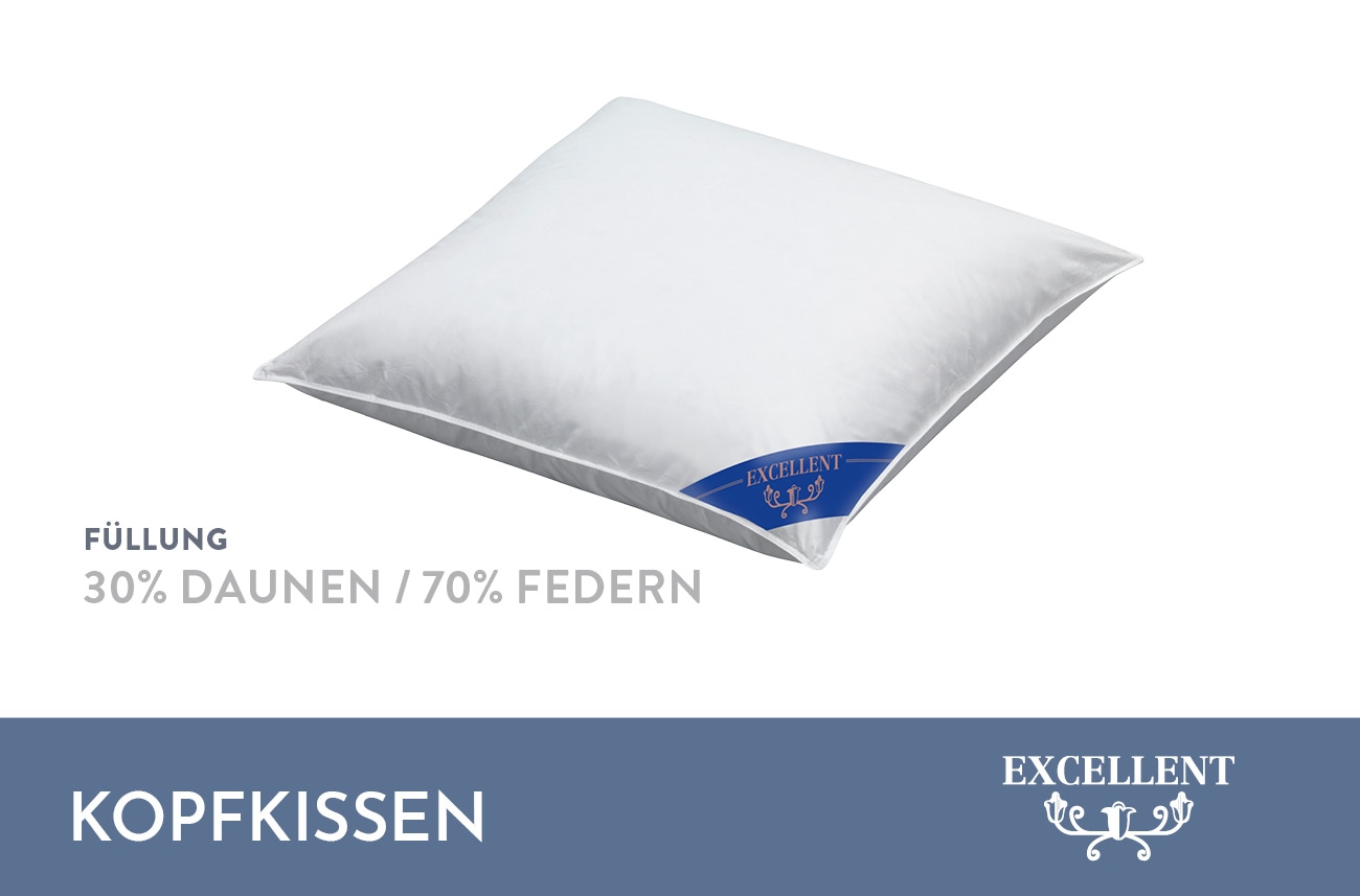 Excellent Federkopfkissen »Zürich, Kopfkissen in 40x80 und 80x80«, Füllung: 70% Federn, 30% Daunen, Bezug: 100% Baumwolle, (1 St.), allergikerfreundliches Kissen mit Daunenanteil