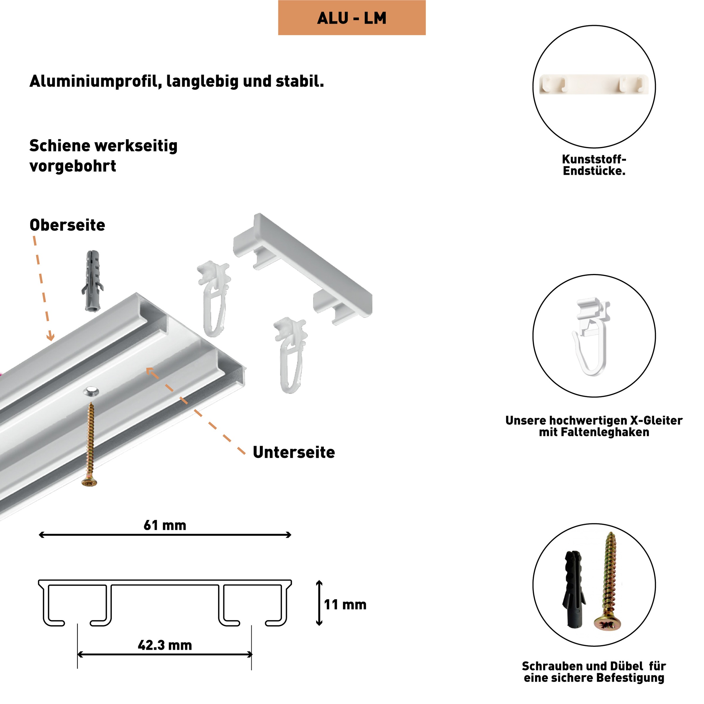 SN DECO GROUP Gardinenschiene »Objektschiene LM«, 2 läufig-läufig, Fixmaß, vorgebohrt, Aluminium, Innenlauf, Vorhangschiene