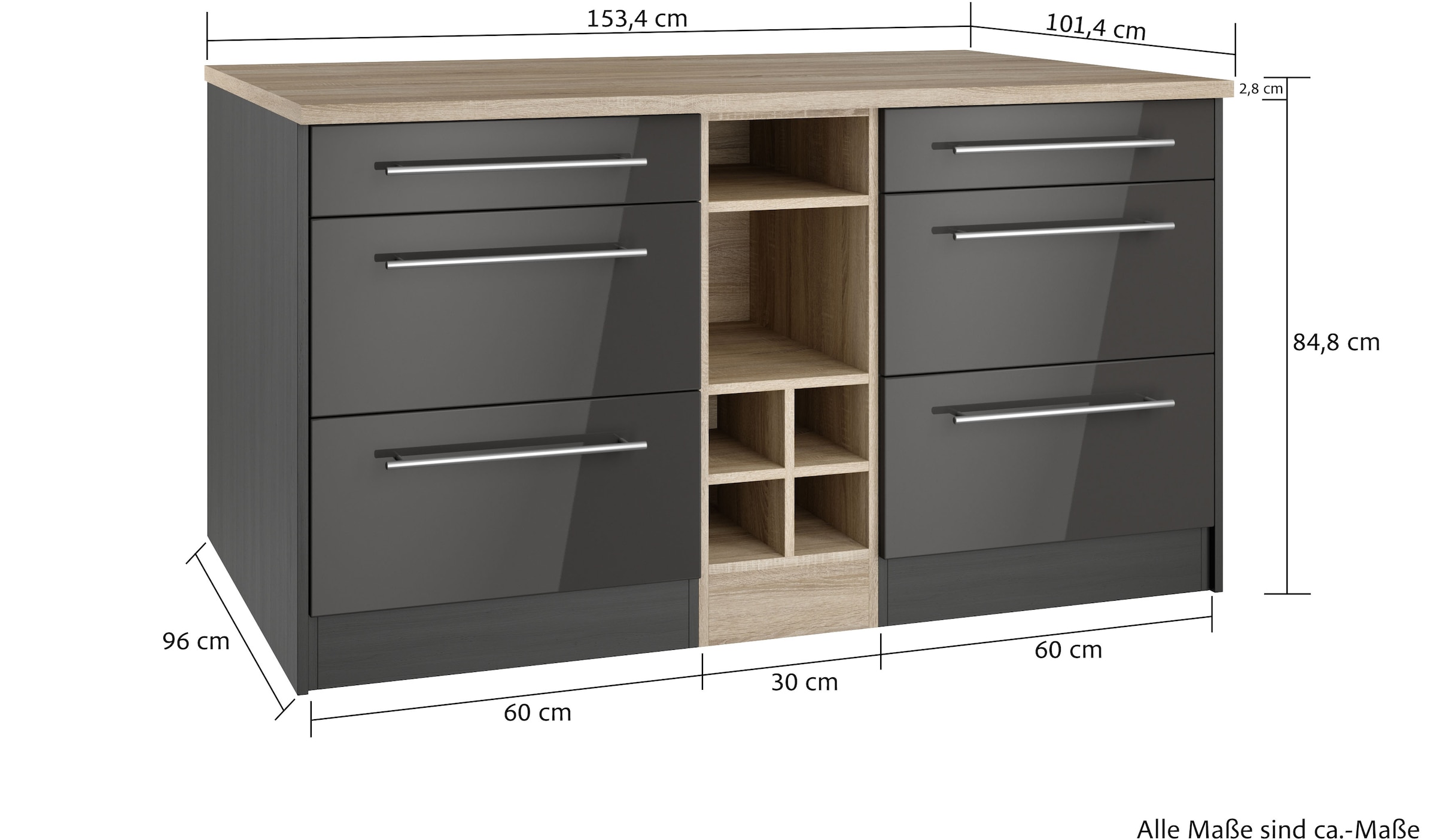 KOCHSTATION Kücheninsel »KS-Wien«, Breite 153 cm, MDF-Fronten, Flaschenregal
