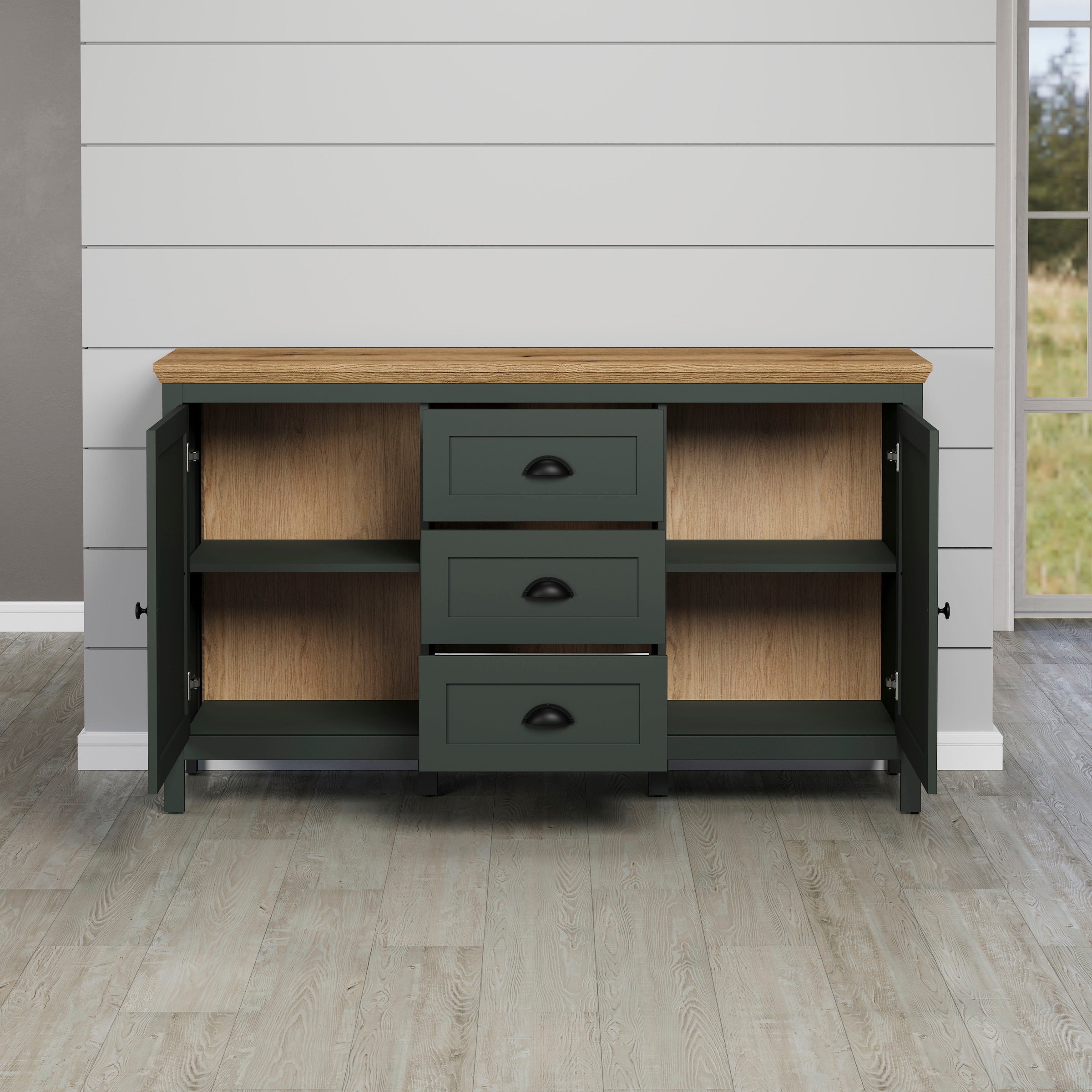 Home affaire Sideboard »Vienna«, Kommode im Landhausstil mit Muschelgriffen - 3 Schubladen und 4 Fächer
