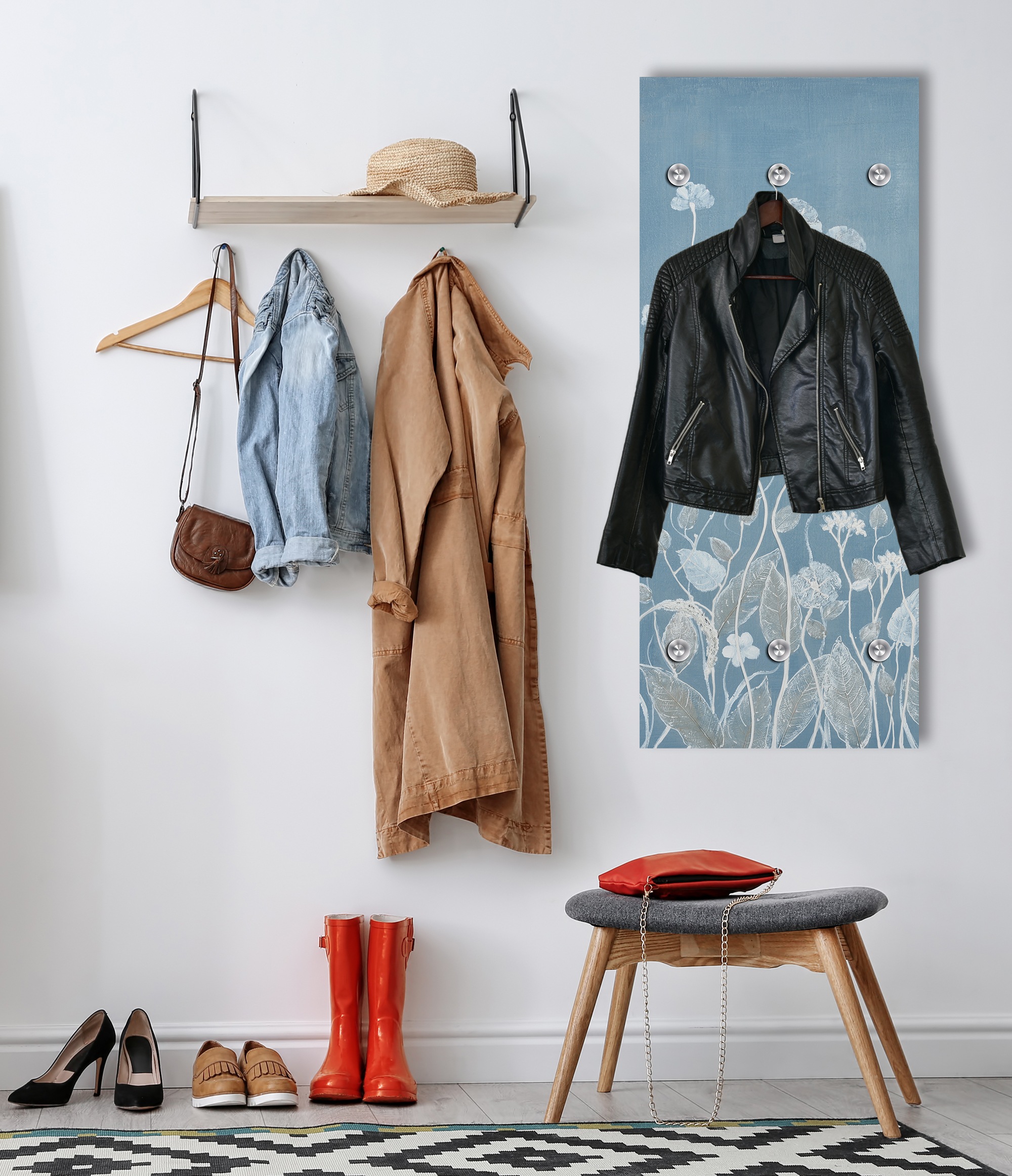 queence Garderobenpaneel »Wandgarderobe  mit Motiv Blumenwiese in Hellblau inkl. Edelstahlhaken« 1 Stk. tlg. HD Premium Druck auf Acrylglas