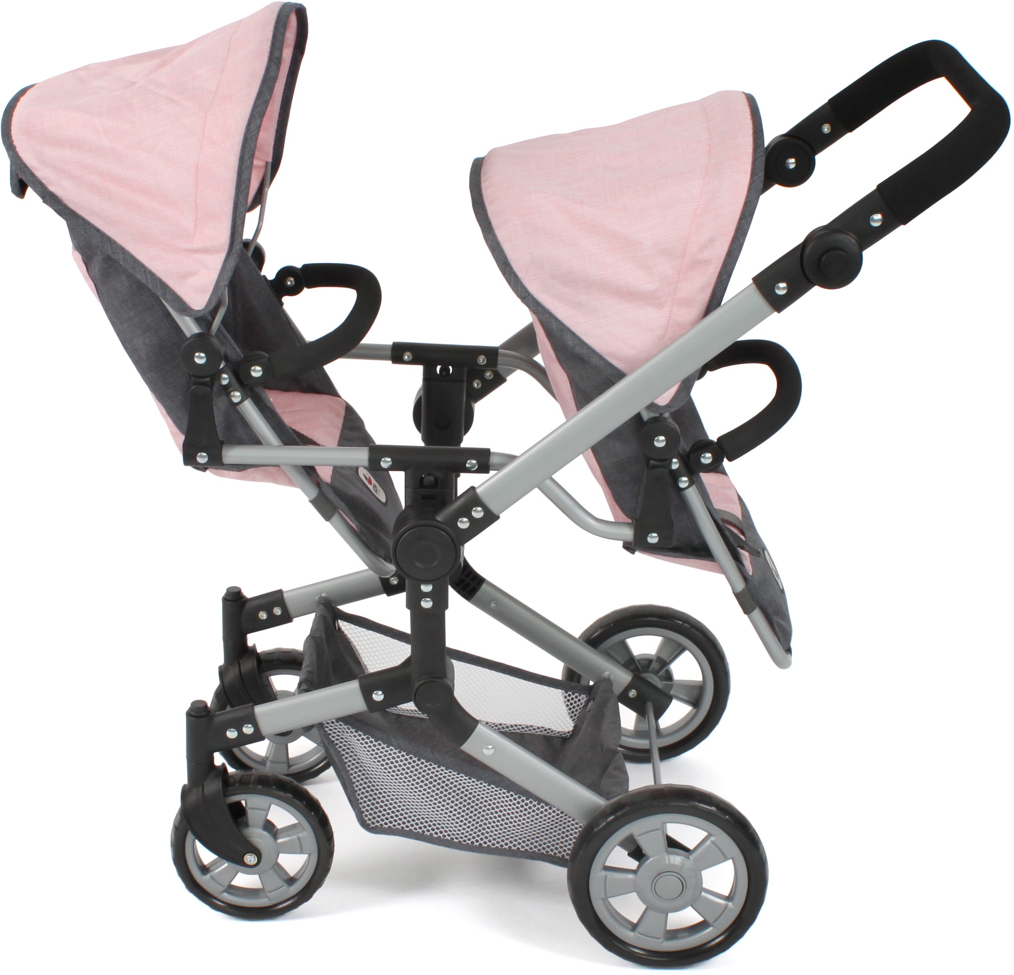 CHIC2000 Puppen-Zwillingsbuggy »Linus Duo, Grau-Rosa«, mit zwei abnehmbaren, bis in Liegeposition verstellbaren Sportsitzen