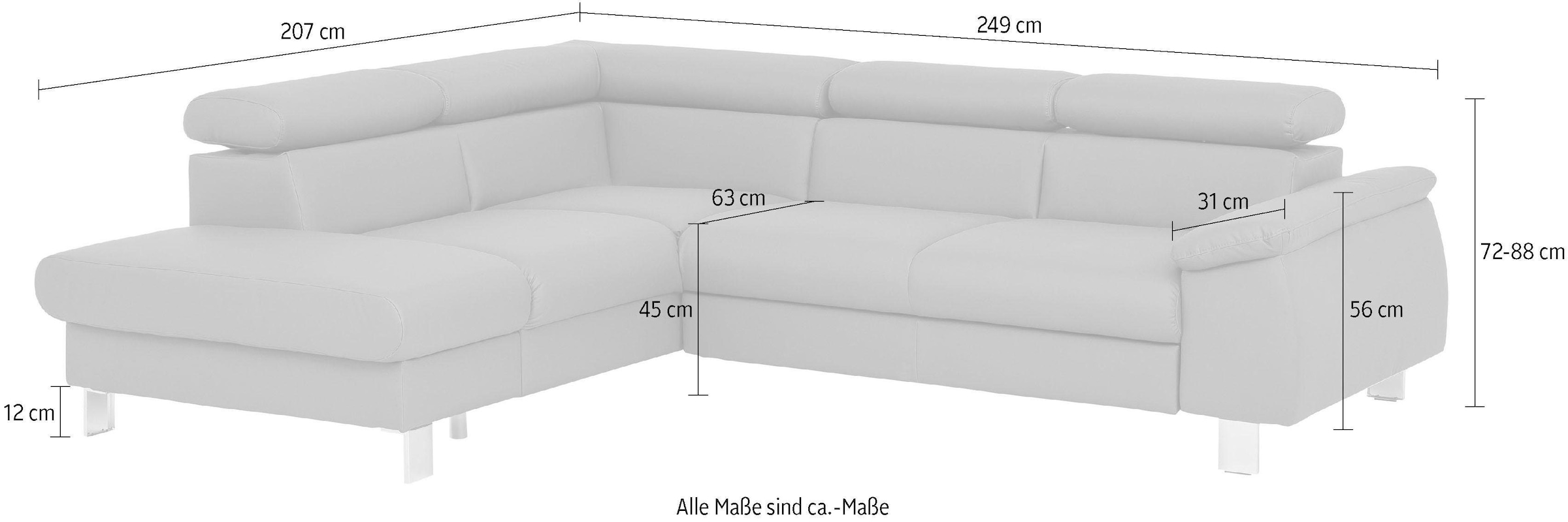 COTTA Ecksofa »Komaris L-Form mit Kopfteilverstellung«, wahlweise mit Bettfunktion, Bettkasten & Beleuchtung