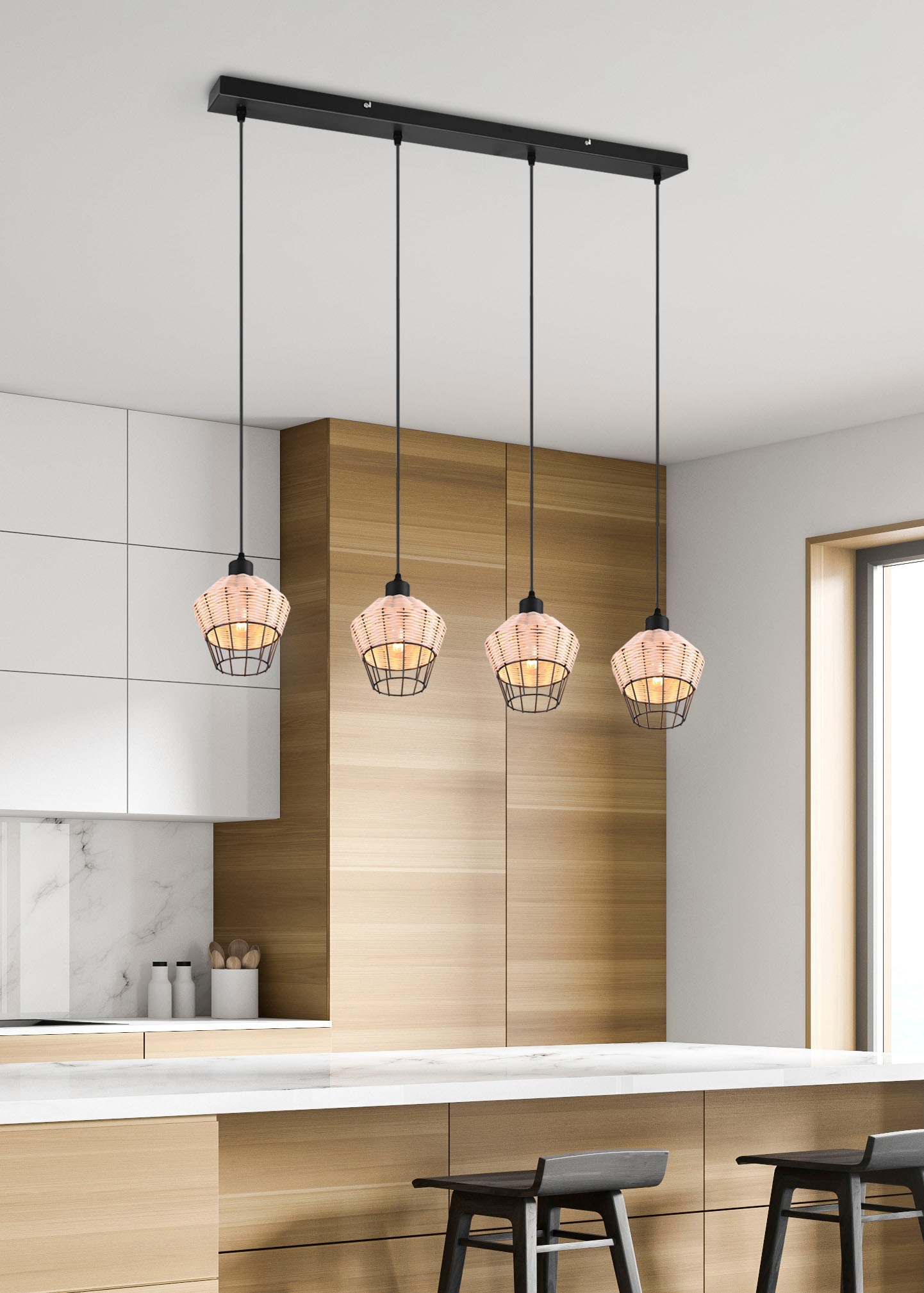 REALITY Leuchten Pendelleuchte »Borka«, 4 flammig, Leuchtmittel E27 | ohne Leuchtmittel, Boho Hängelampe aus Rattan 4-flammig exkl E27 max 40W höhenverstellbar
