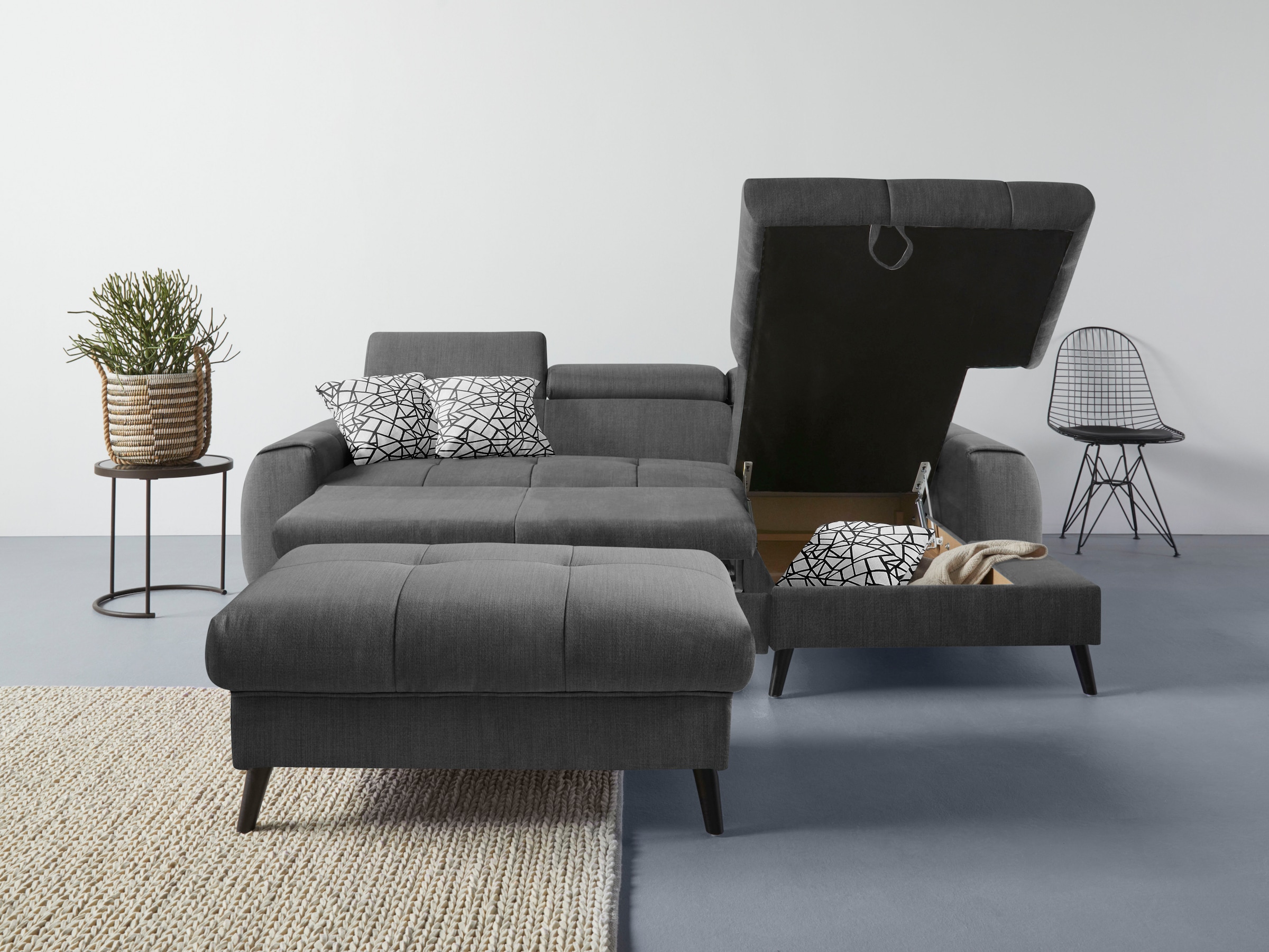 COTTA Ecksofa »Mia L-Form mit 3 Zierkissen«, wahlweise mit Bettfunktion, Bettkasten, Beleuchtung & Wireless-Charger