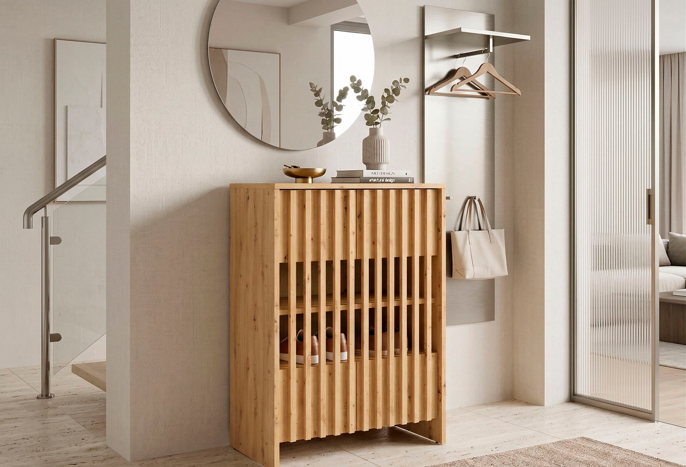 Home affaire Mehrzweckschrank »MURET, multifunktionale Kommode, 4 Fächer und 2 Türen, Lamellenfronten« Maße B/T/H: 60/35,4/87 cm,  Kommode mit viel Stauraum, Maße B/T/H: 60/35,4/87 cm