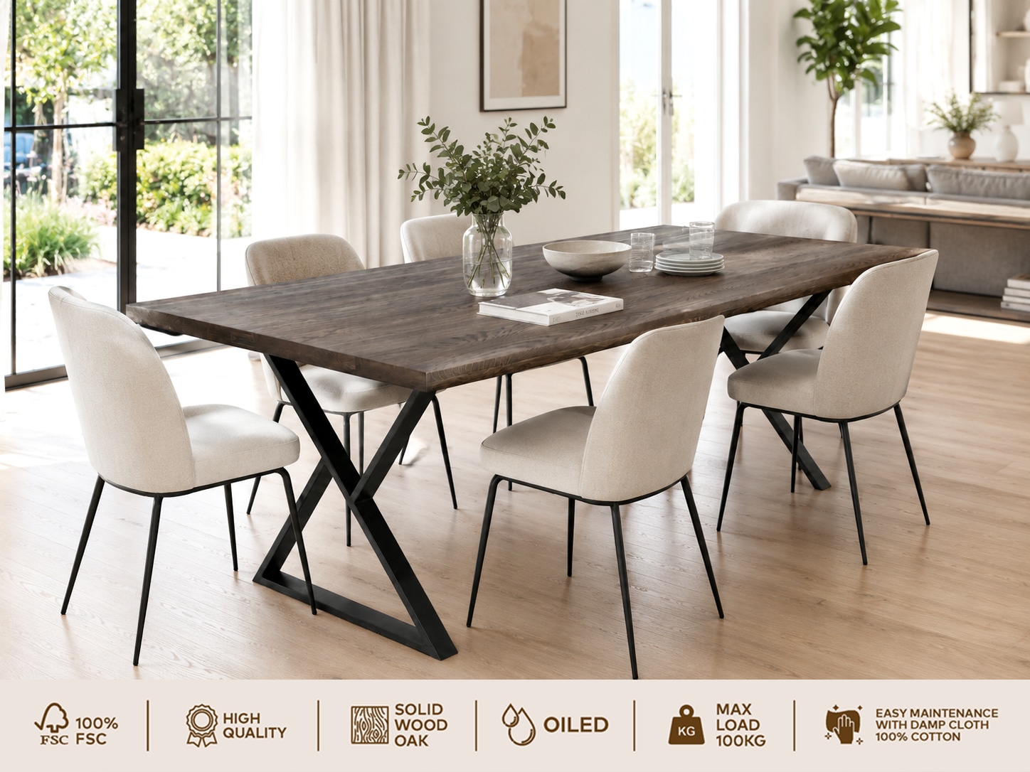 OTTO home Esstisch »»OSLO« Speisetisch, Küchentisch, Wohntisch, Esszimmertisch« Wildeiche geölt Natur/Smoke, Gerade Kante, schwarzes Metallgestell