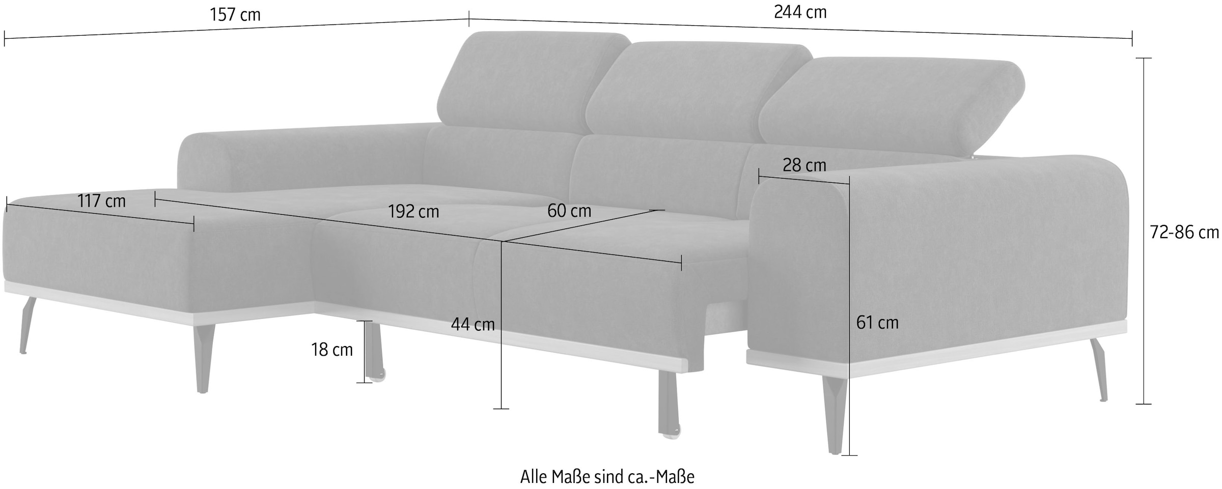 Places of Style Ecksofa »Carlo L-Form«, mit Kopfteilverstellung & Holz-Rahmenoptik, optional Relaxfunktion