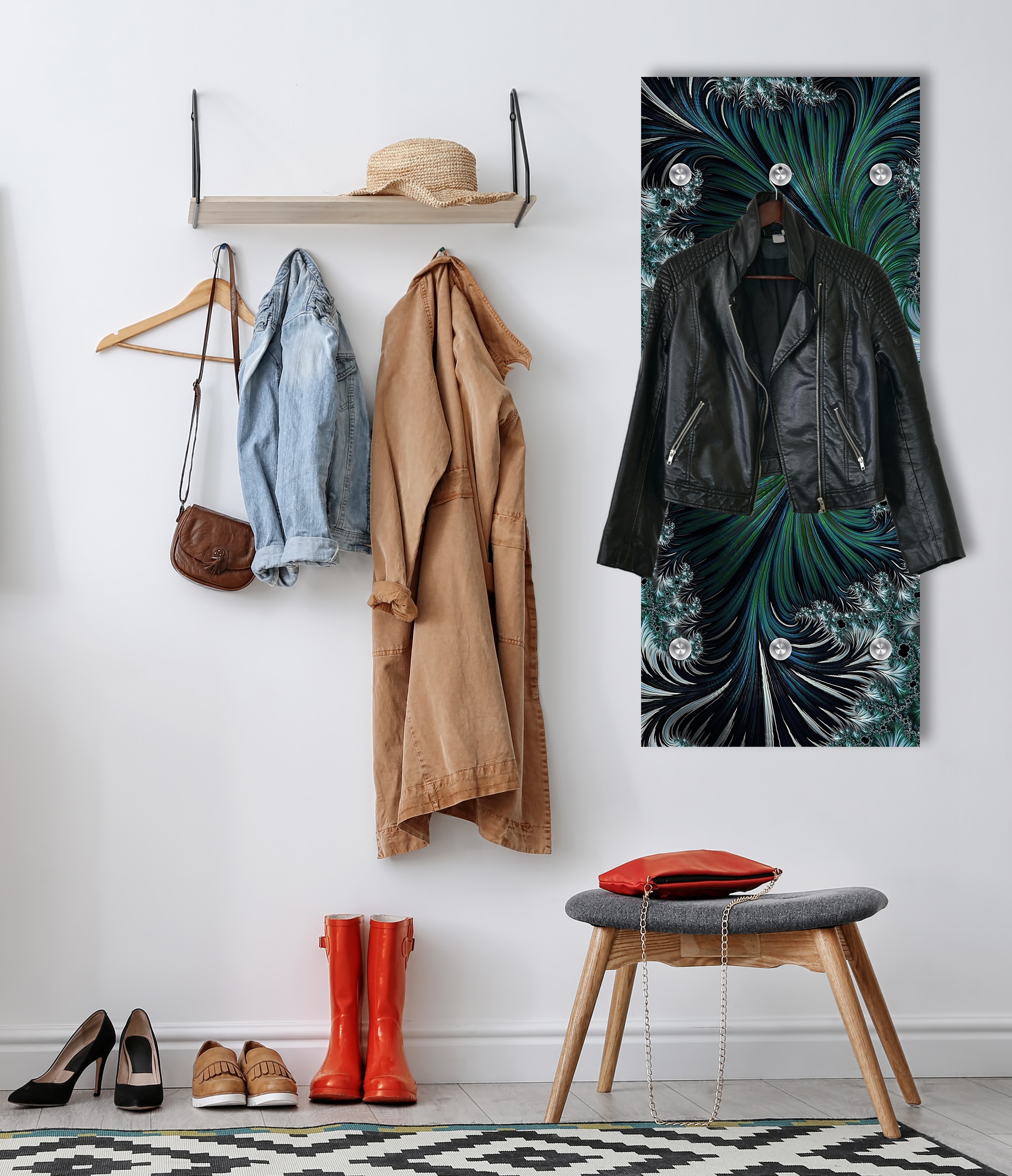 queence Garderobenpaneel »Wandgarderobe  mit Motiv Abstrakt Palmen Wald inkl. Edelstahlhaken« 1 Stk. tlg. HD Premium Druck auf Acrylglas