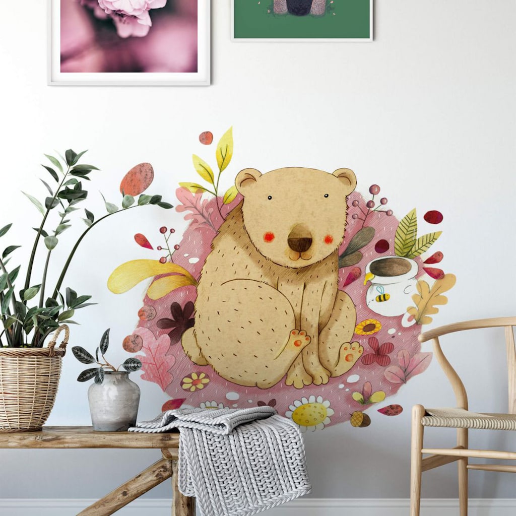 Wall-Art Wandtattoo »Bunte Tierwelt Bär mit Honigtopf«, (1 St.)