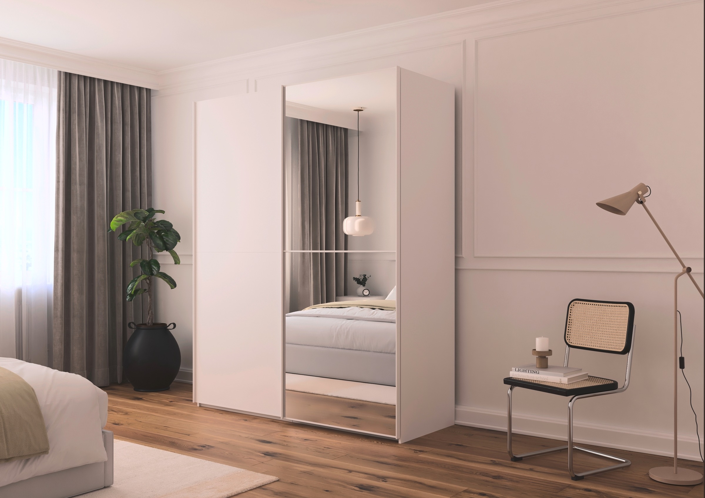 rauch Schwebetürenschrank »Kleiderschrank Schrank Garderobe Schlafzimmerschrank SCALE-DUO«, edle zweigeteilte Türen, Spiegel und 3 Zierleisten MADE IN GERMANY