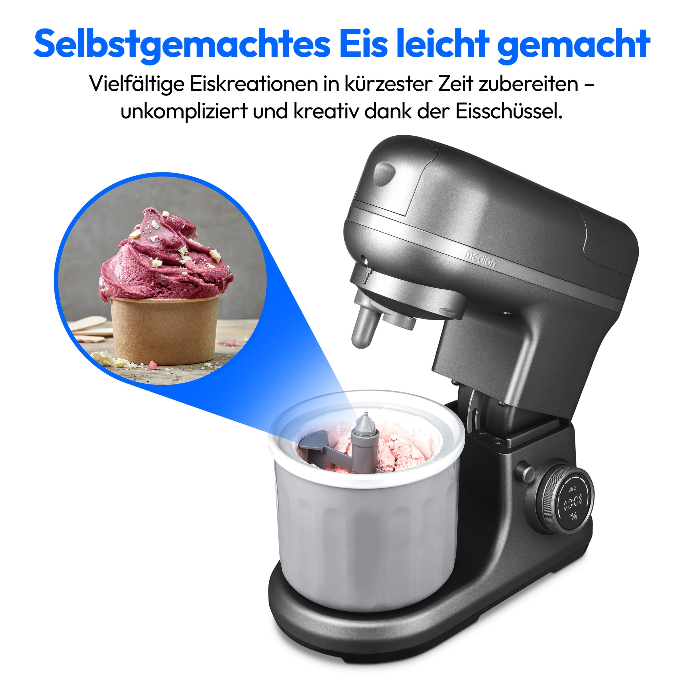Medion® Küchenmaschine »MD 18442, 8 Geschwindigkeitsstufen, Impulsfunktion, 5L Rührschüssel«, Umfangreiches Zubehör-Set inkl. Eisschüssel für Speiseeiszubereitung