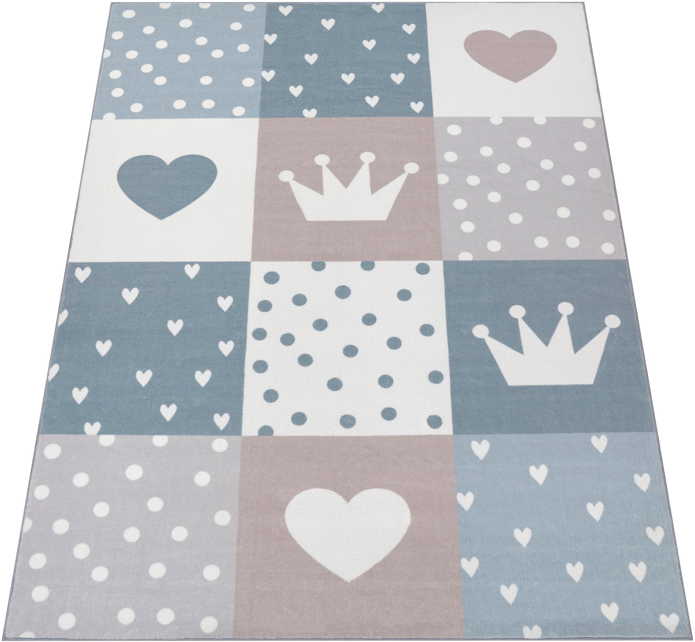 Paco Home Kinderteppich »Eliz 391«, rechteckig, 12 mm Höhe, Kurzflor, Spielteppich, Patchwork-Muster, Motiv Krone, Herz & Punkte