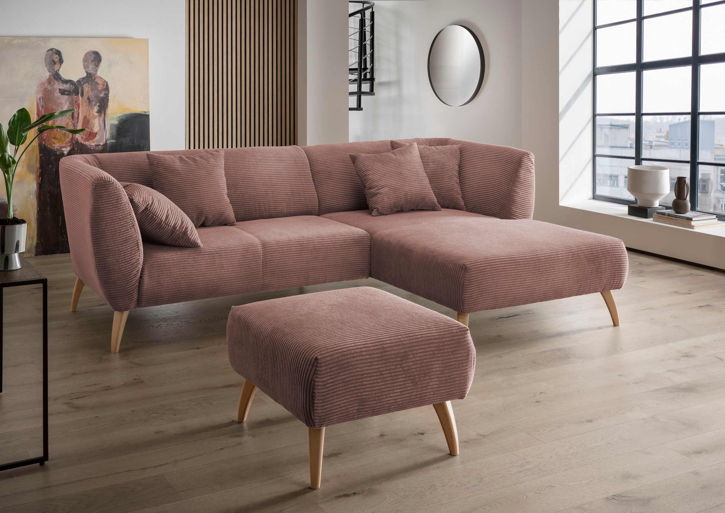 INOSIGN Ecksofa »Colori L-Form«, Holzfußfarbe wählbar, inkl. 4x Zierkissen günstig online kaufen
