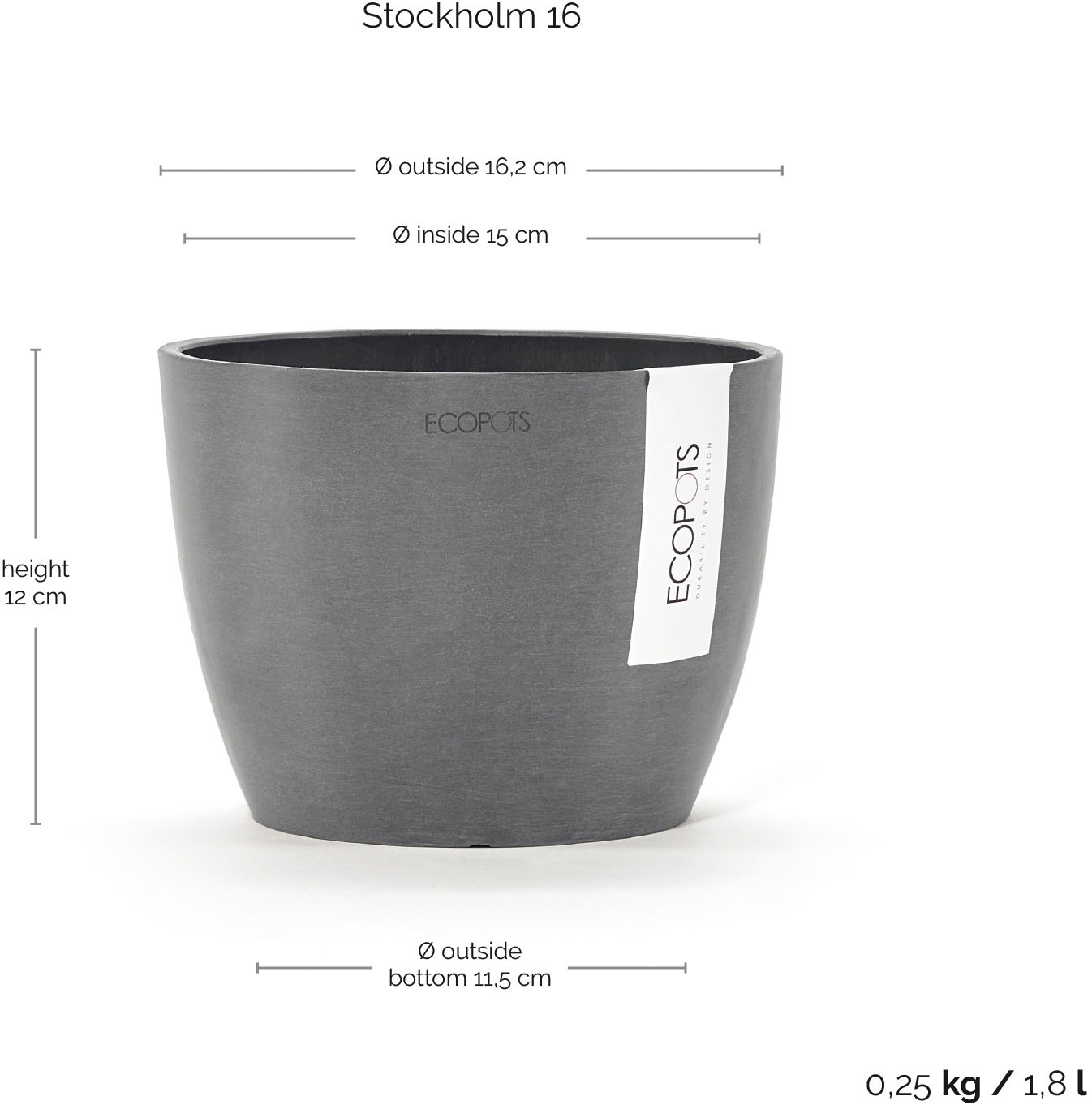 ECOPOTS Blumentopf »STOCKHOLM Grey« BxTxH: 16x16x12,5 cm