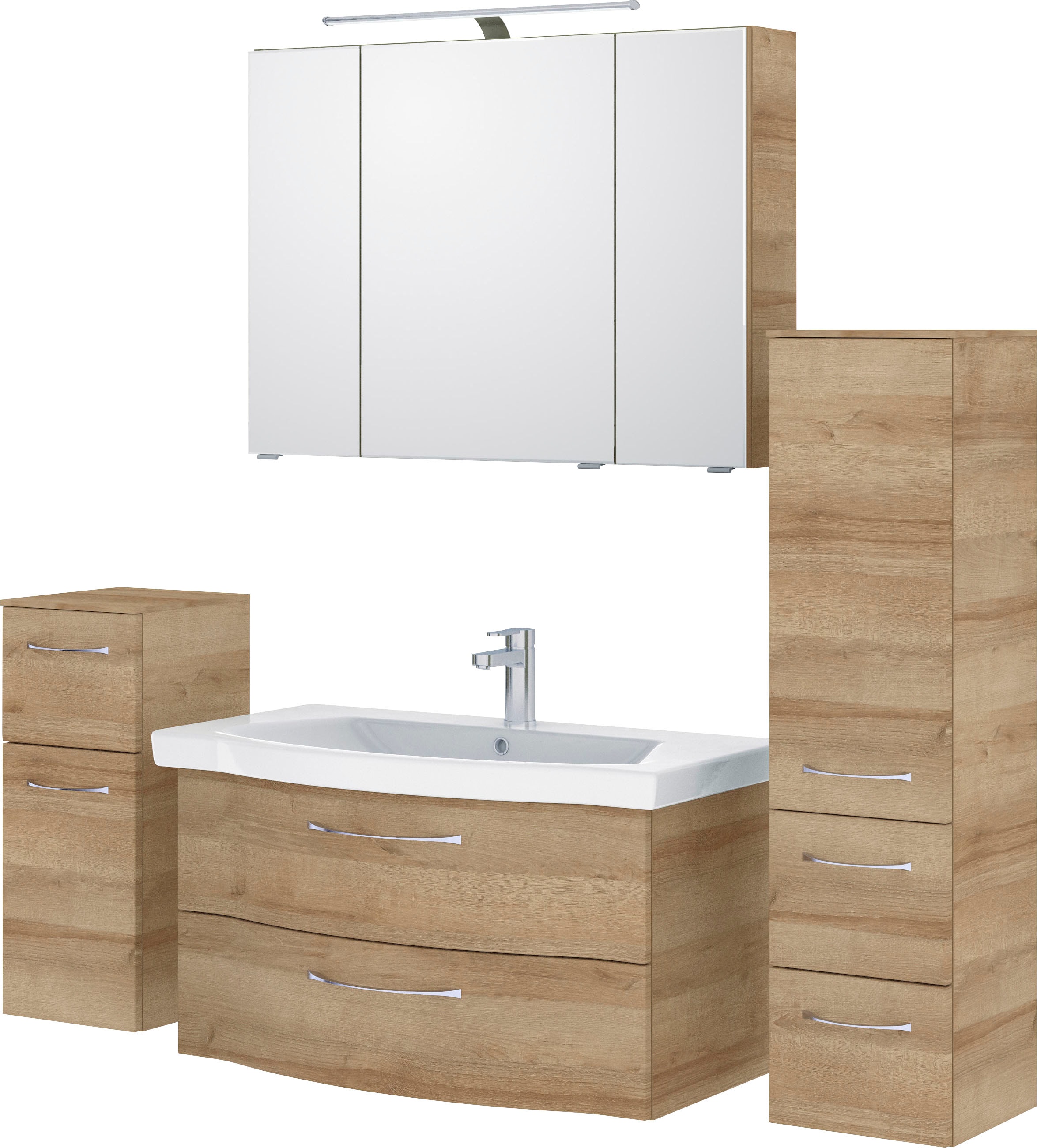 Saphir Badmöbel-Set »6005 Sprint 4-teilig, Keramik-Waschtisch mit LED-Spiegelschrank«, (5 St.), Unterschrank, Midischrank, inkl. Türdämpfer, 5 Türen, 5 Schubladen
