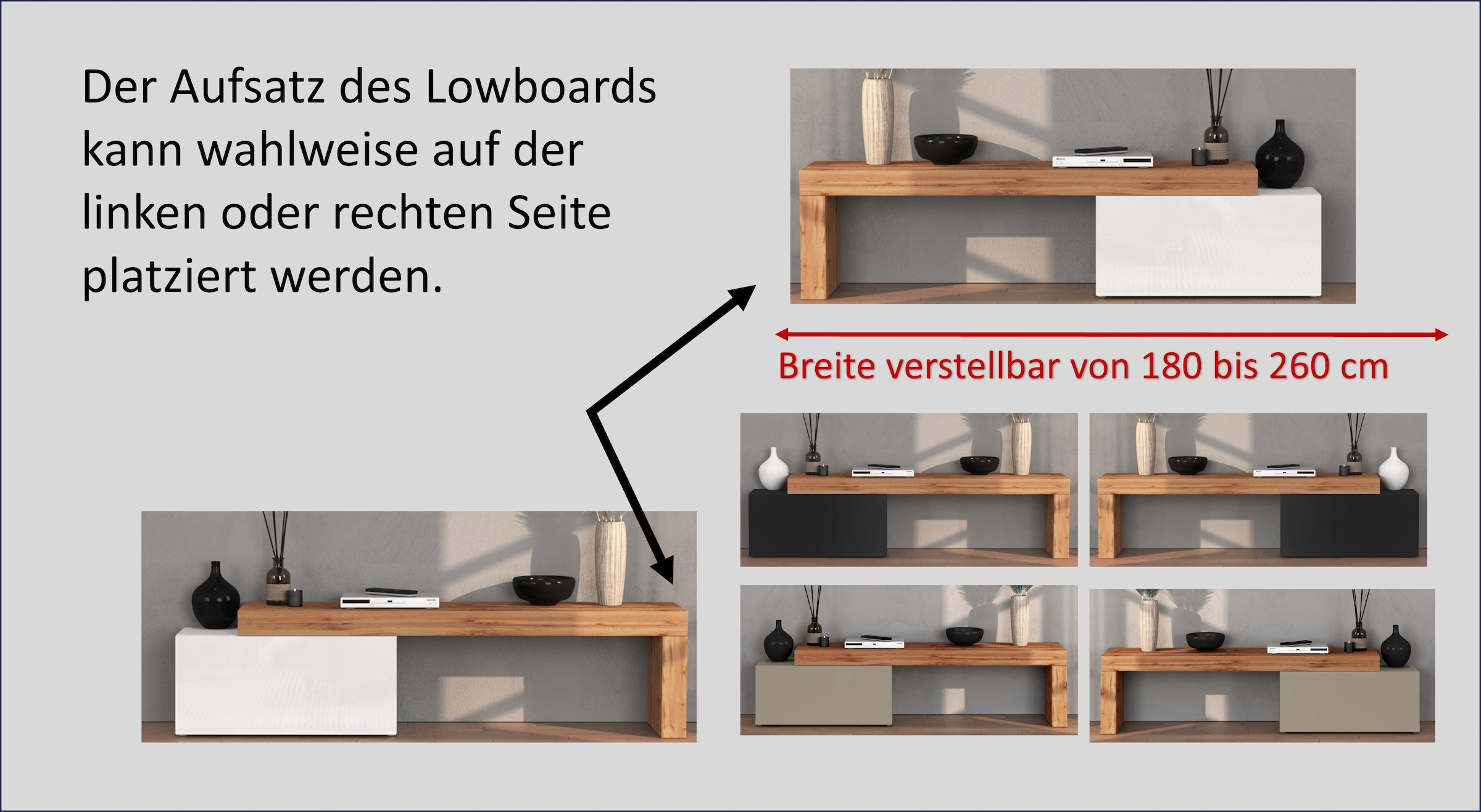 INOSIGN Lowboard »Chronos TV-Board, TV-Schrank«, (1 St., Breite verstellbar von 180 bis 260 cm), Breite 220 cm TV-Board,Lowboard,1 Klappe und ein L-Förmiger Aufsatz