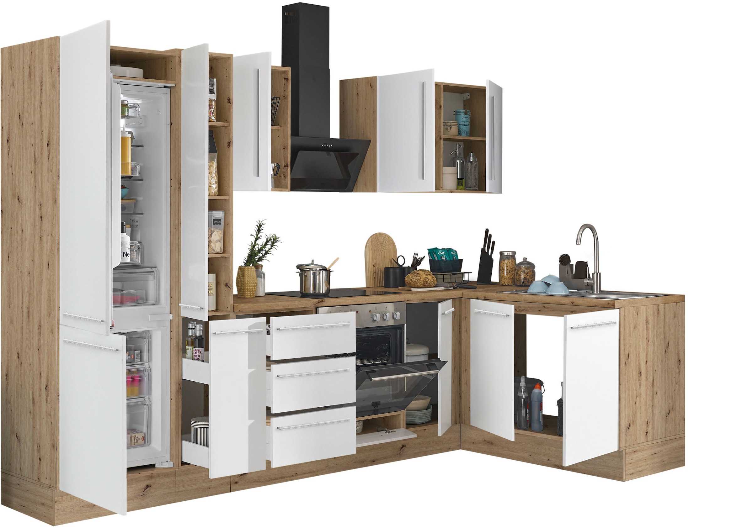 KOCHSTATION Winkelküche »Florida, Stellbreite 300x165 cm«, wahlweise mit E-Geräten, mit Softclose für Türen und Schubkästen