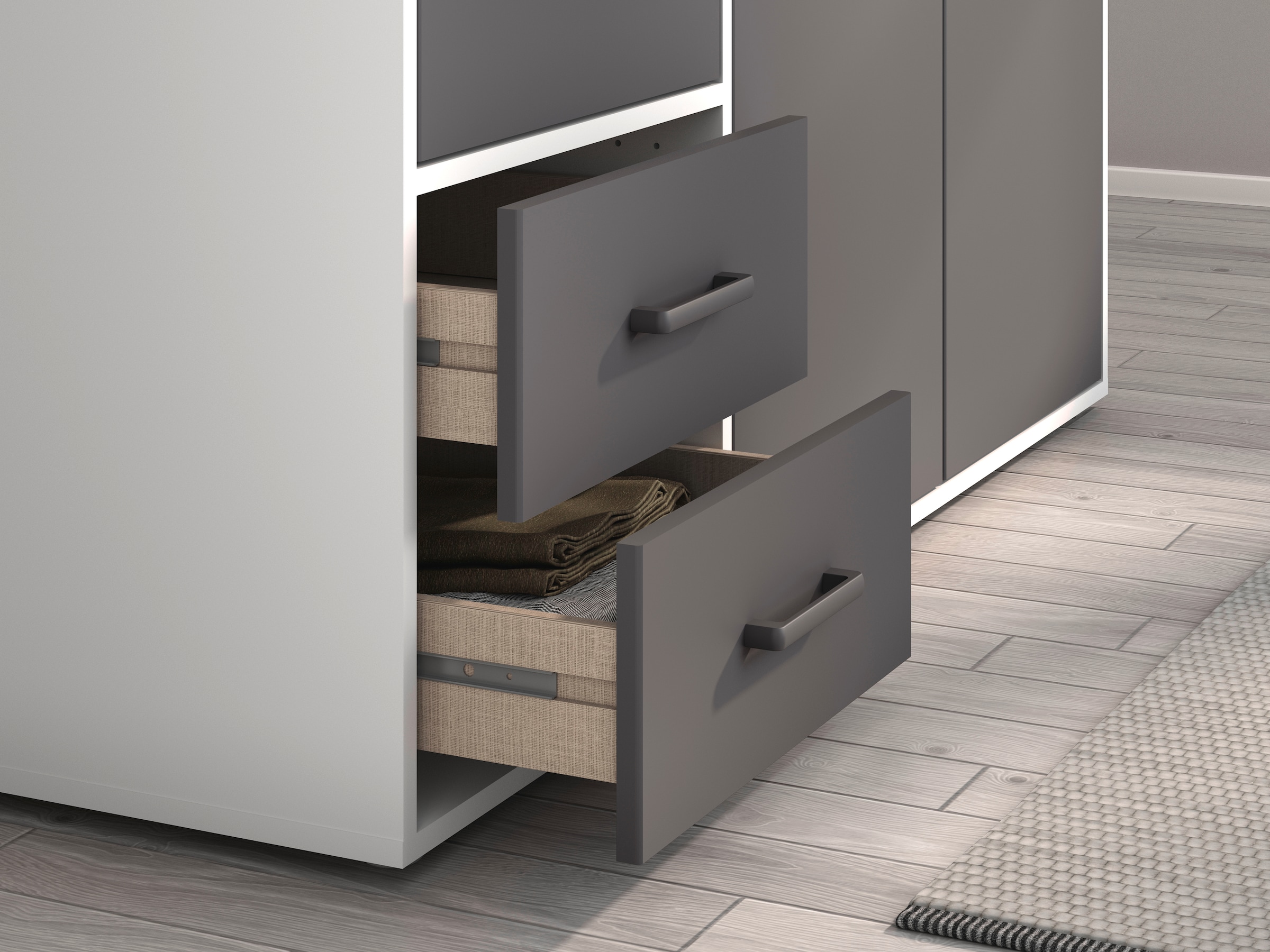rauch Drehtürenschrank »Kleiderschrank Schrank Garderobe Wäscheschrank VOYAGER«, (in 3 verschiedenen Ausstattungen BASIC/CLASSIC/PREMIUM), mit modernen Griffen in Graumetallic, inkl. Schubkästen und Spiegel