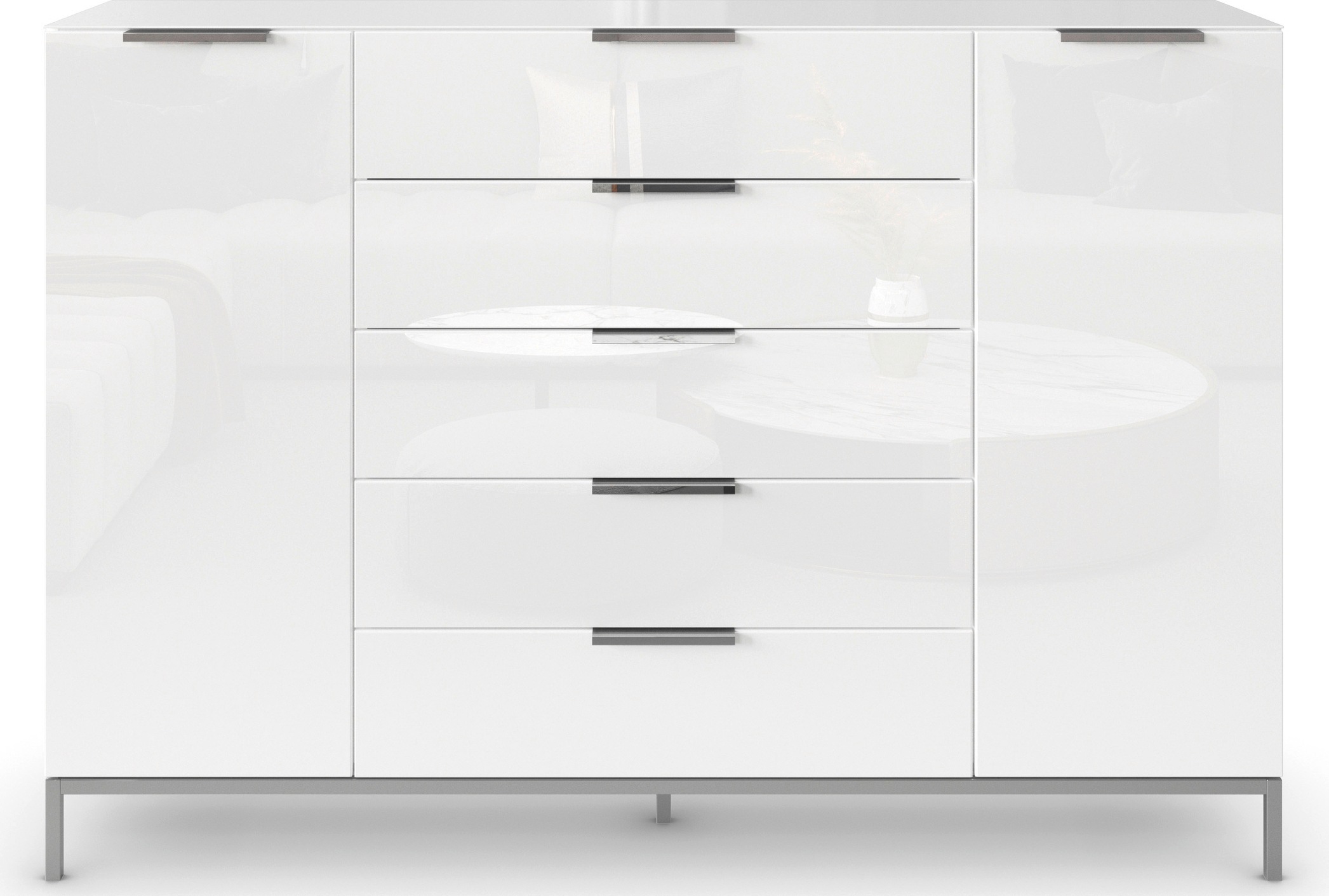 rauch Schubkastenkommode »Kommode Türkommode Sideboard Kombikommode FLIPP mit Glasfront«, (Breite 160/180 cm mit 4 Einlegeböden), 2-türig, 5 Schubladen, Soft-Close, Oberboden und Front Glas, 2 Breiten