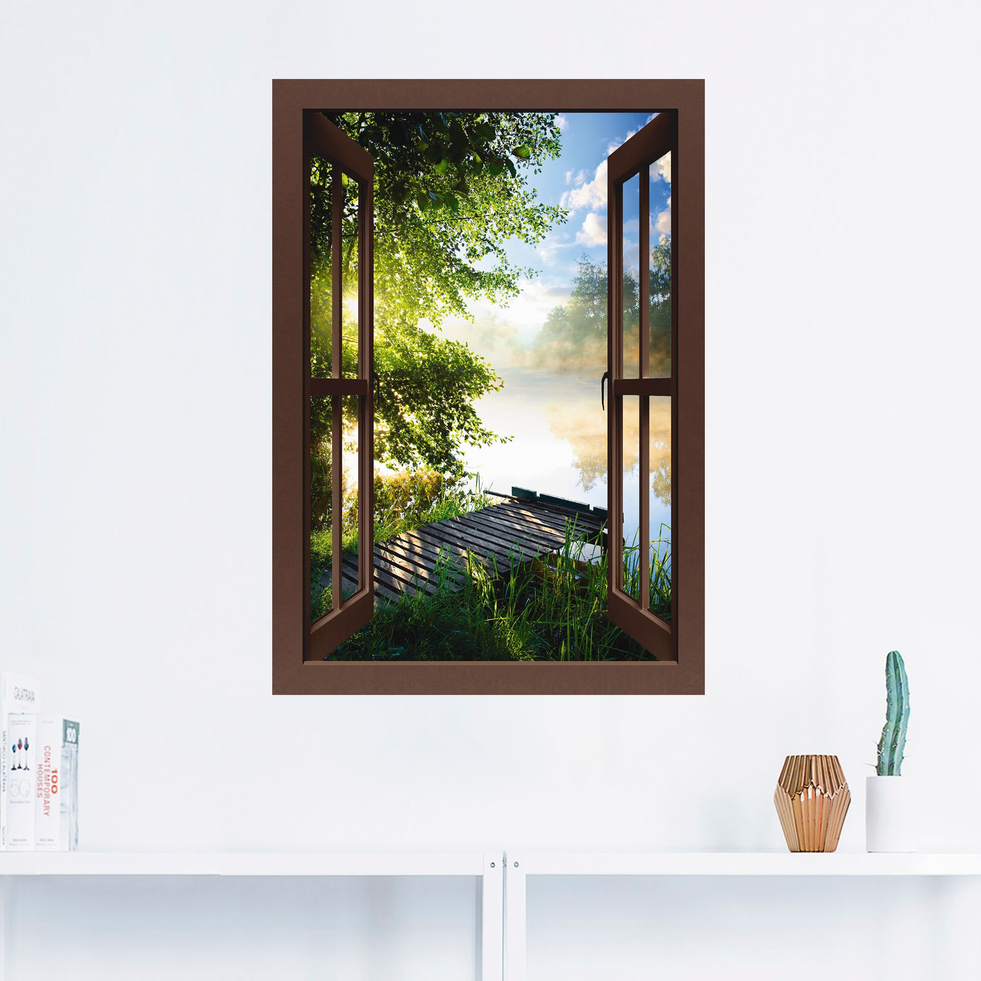 Artland Wandbild »Fensterblick Angelsteg am Fluss«, Fensterblick, (1 St.), als Alubild, Outdoorbild, Leinwandbild, Poster, Wandaufkleber