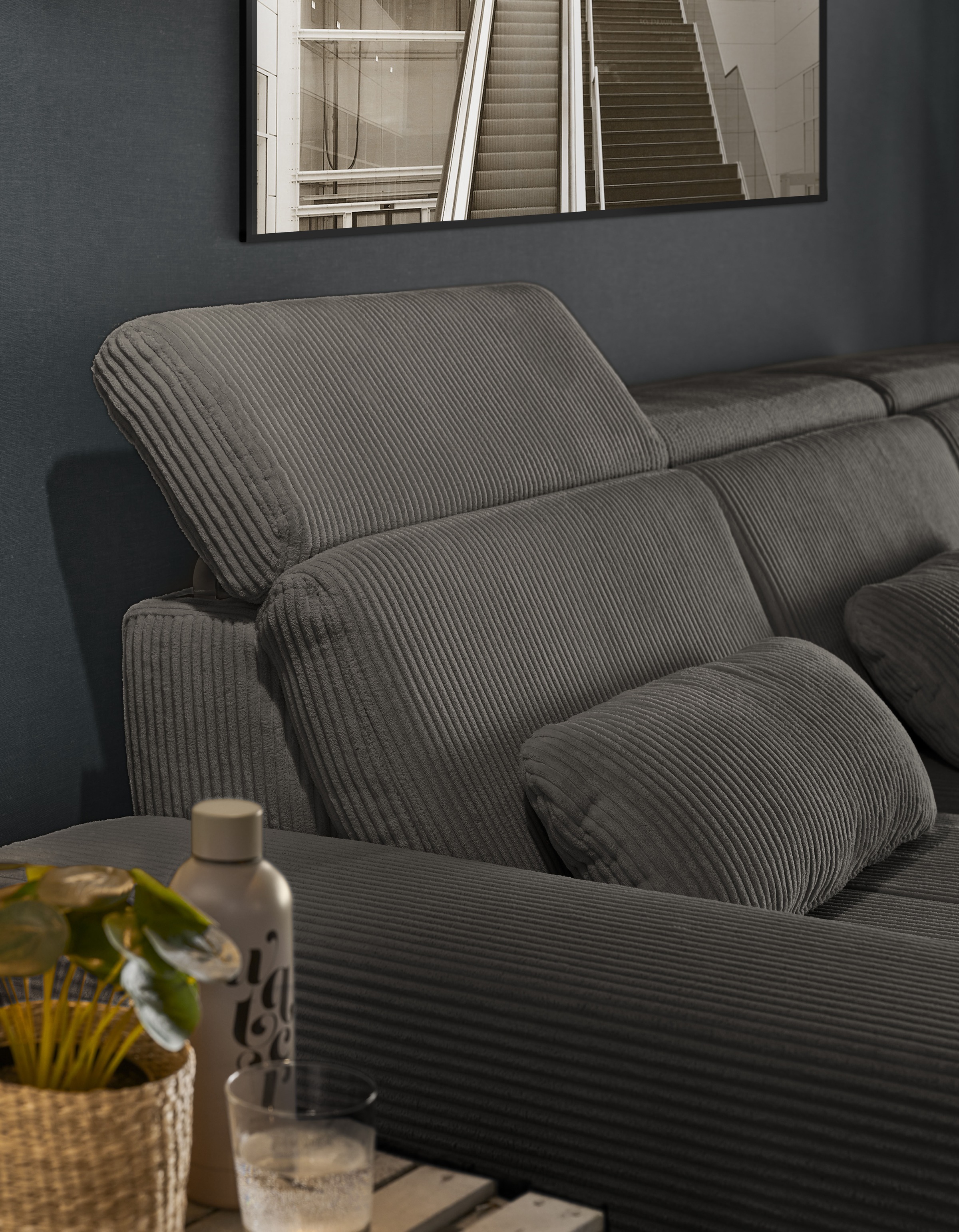 set one by Musterring Ecksofa »SO 3400 Sitzhöhe 47cm oder 49cm, Sitztiefe verstellbar, B/T: 307/195cm«, Kopteil verstellbar, mit Bettfunktion, in Cord, anthrazit, Sitzhöhe 47