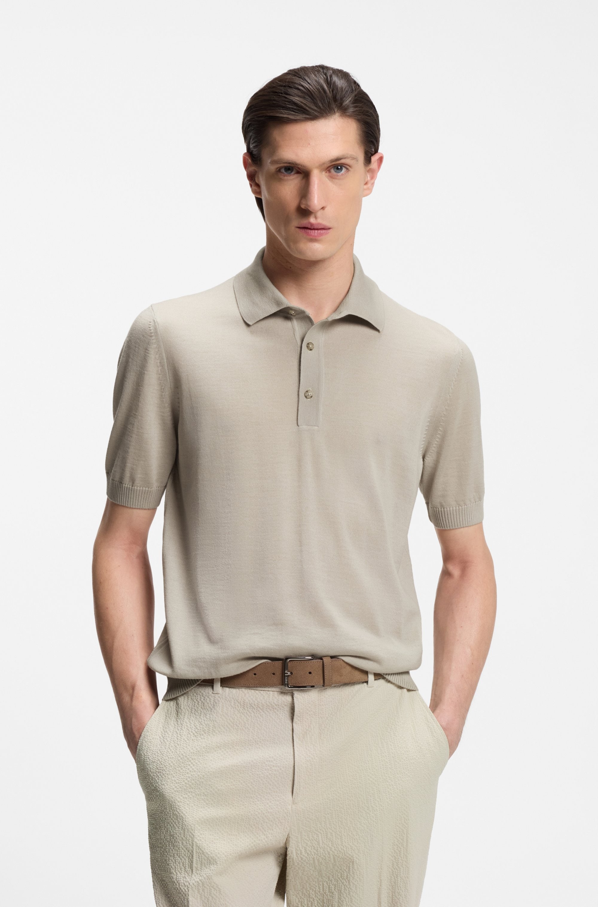 BOSS Kurzarmpullover »Nolano« aus Schurwolle, Polokragen