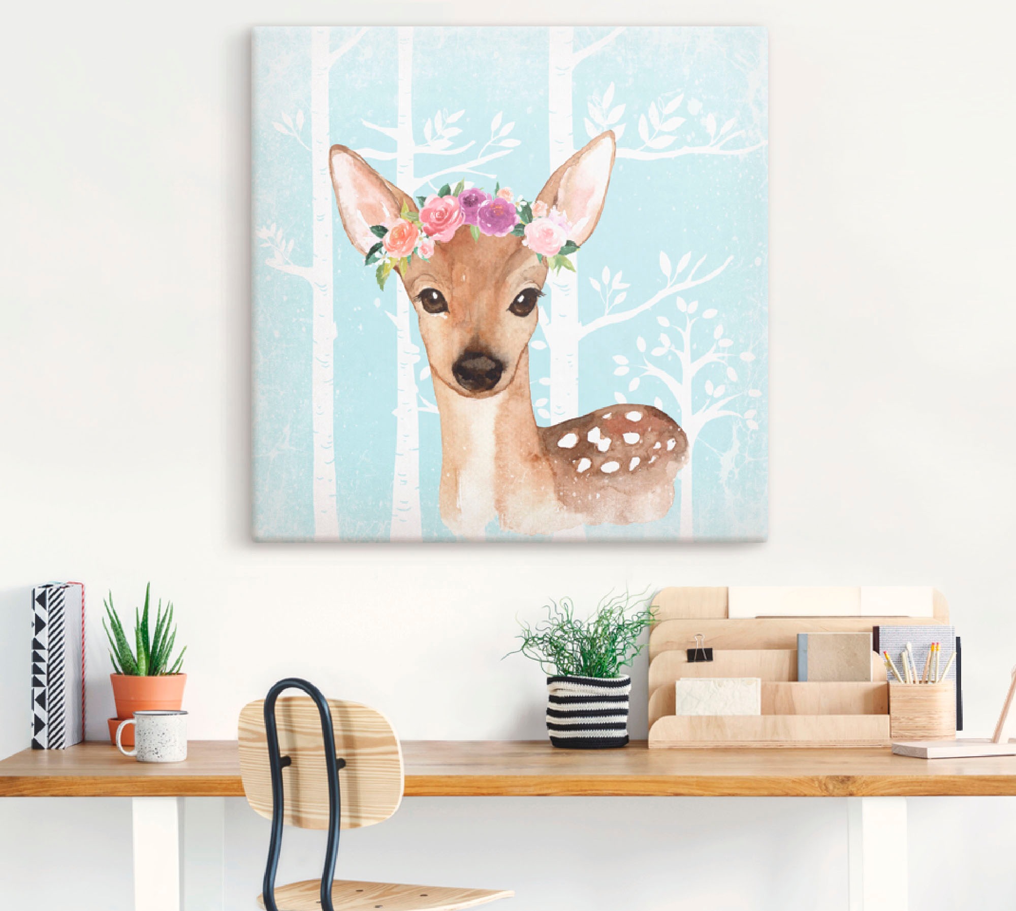 Artland Leinwandbild "Wild Reh mit Blumen im blauen Wald", Tiere, (1 St.), günstig online kaufen