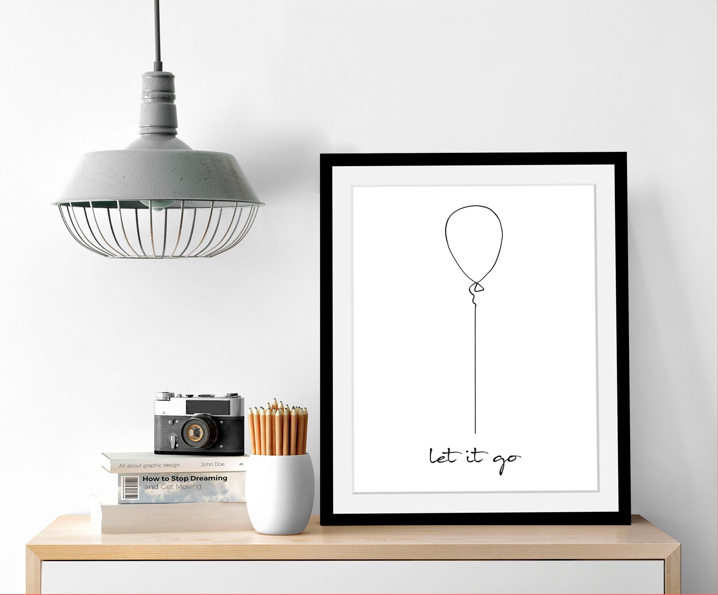 queence Bild »Loslassen«, Schwarz-Weiß-Schriftzug-Motivationsbilder-Liebessprüche, HD Premium Poster-Druck inkl. Holzrahmen
