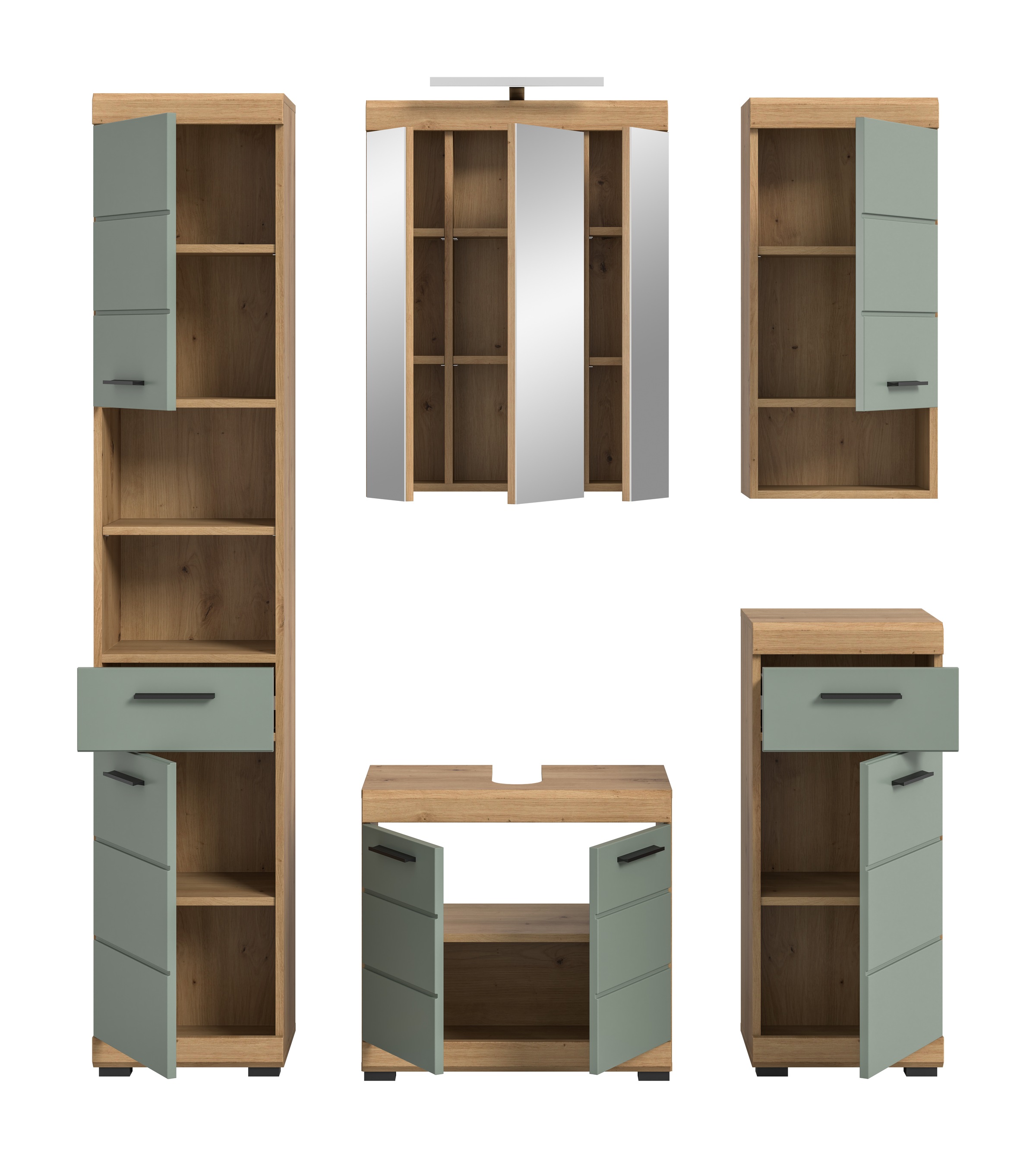 INOSIGN Badmöbel-Set »Siena, 5 teilig, inklusive LED Beleuchtung, bestehend aus:«, (Set), Hochschrank, WBU, Spiegelschrank, Unterschrank, Hängeschrank
