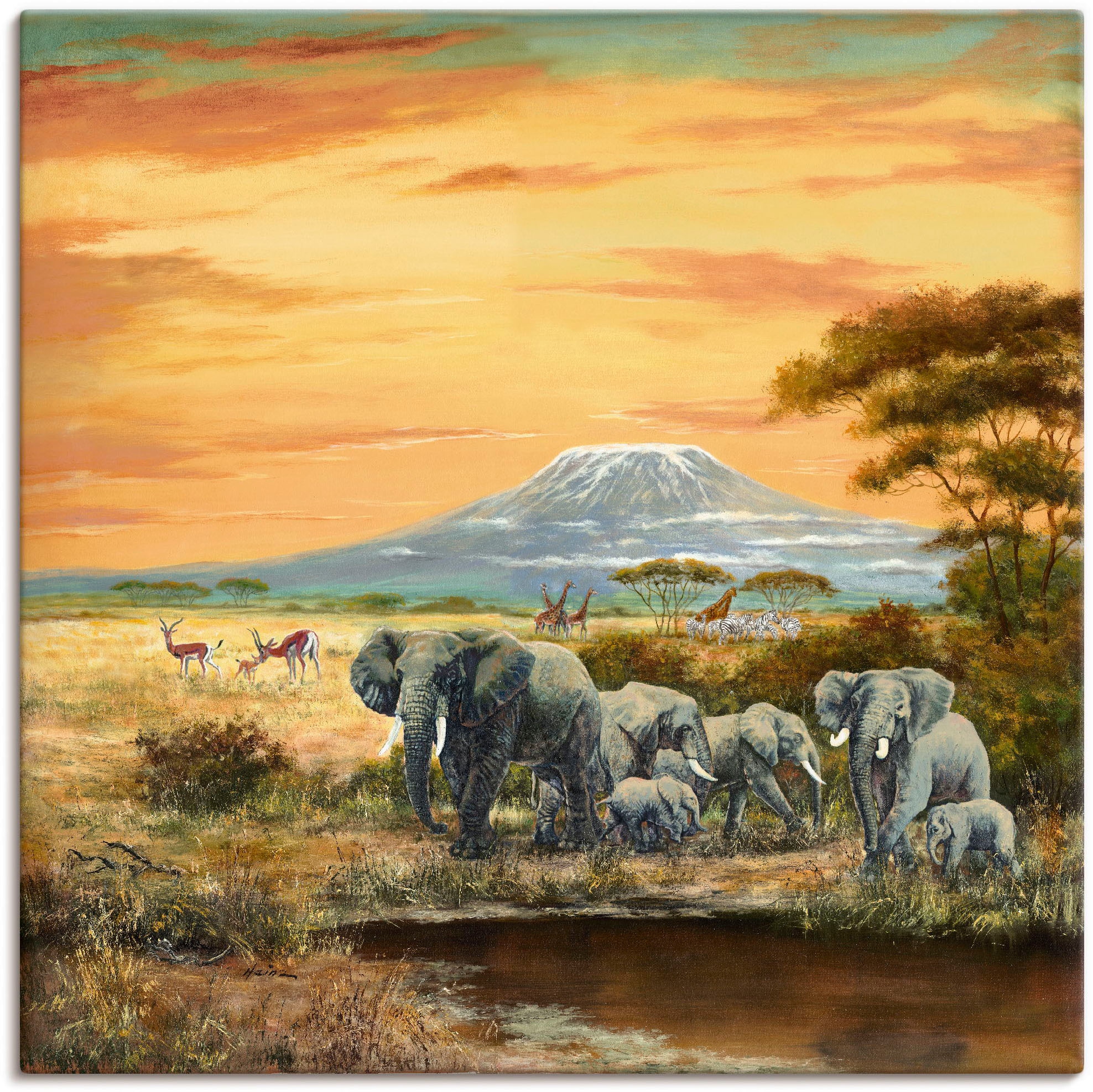 Artland Wandbild »Afrikalandschaft mit Elefanten«, Wildtiere, (1 St.), als Leinwandbild, Poster in verschied. Größen