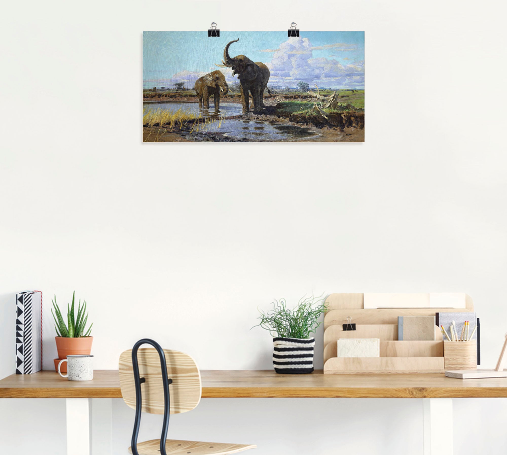 Artland Kunstdruck »Elefanten an der Wasserstelle.«, Wildtiere, (1 St.), als Alubild, Leinwandbild, Wandaufkleber oder Poster in versch. Größen