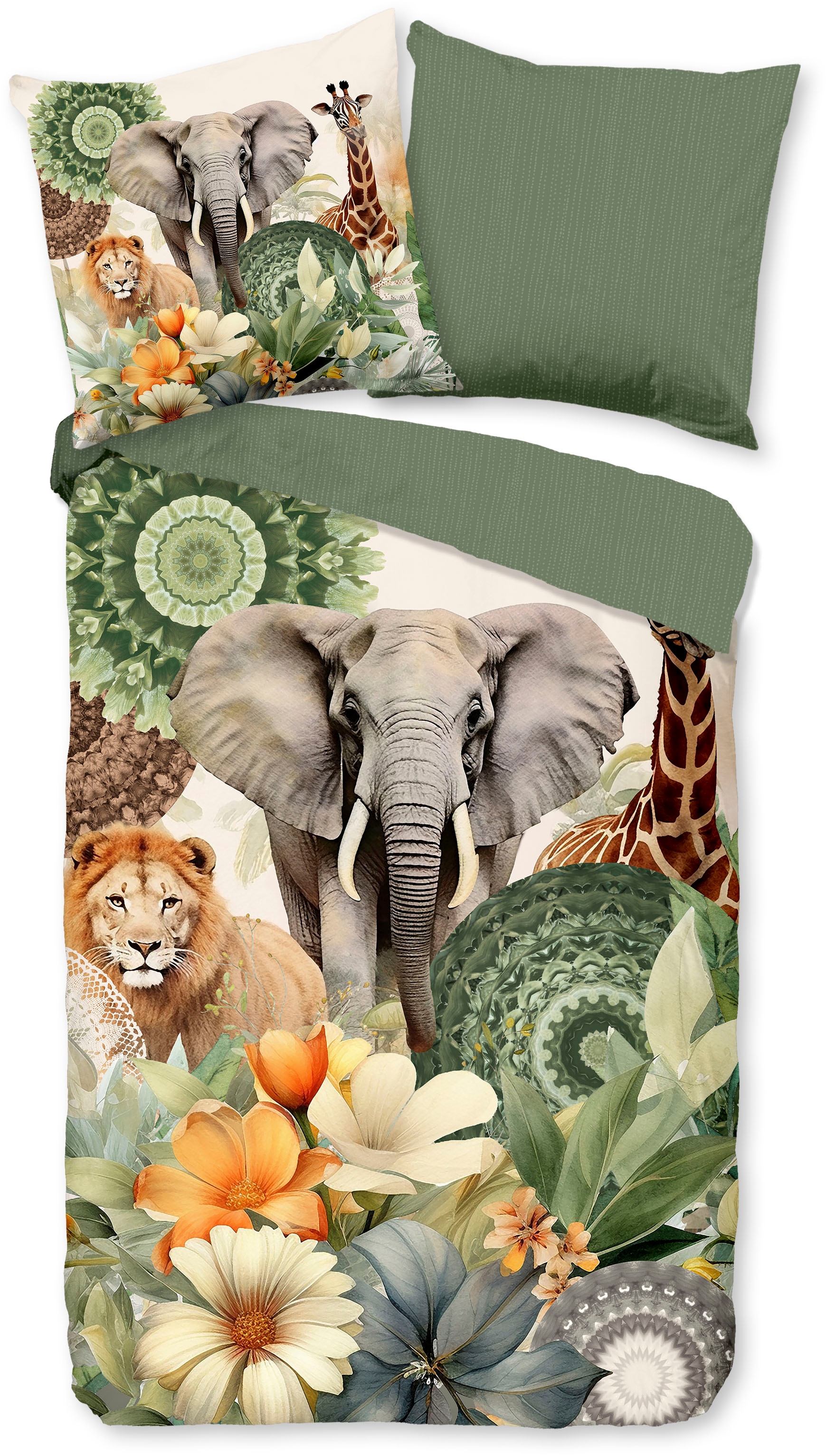 hip Wendebettwäsche »Sagadar«, Satin, Baumwolle, Reißverschluss, Wende, Löwe, Elefant, Giraffe, grün
