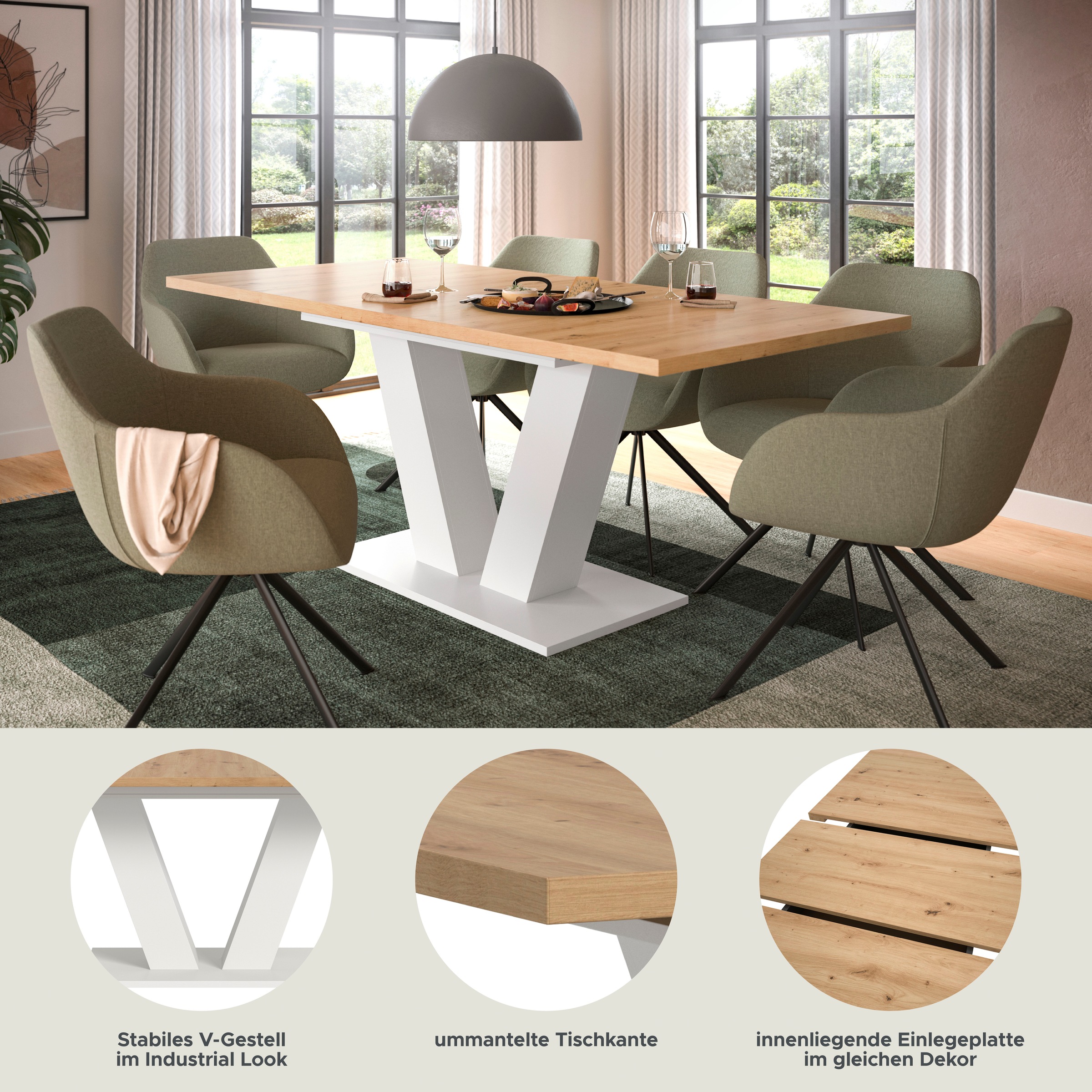 INOSIGN Esstisch »Motus, ausziehbar 150 -190 cm, inklusive 40 cm Einlegeplatte«, (Set, 1 St.), V-Gestell mit Bodenplatte, Tisch, Küchentisch, Esszimmer, Küche