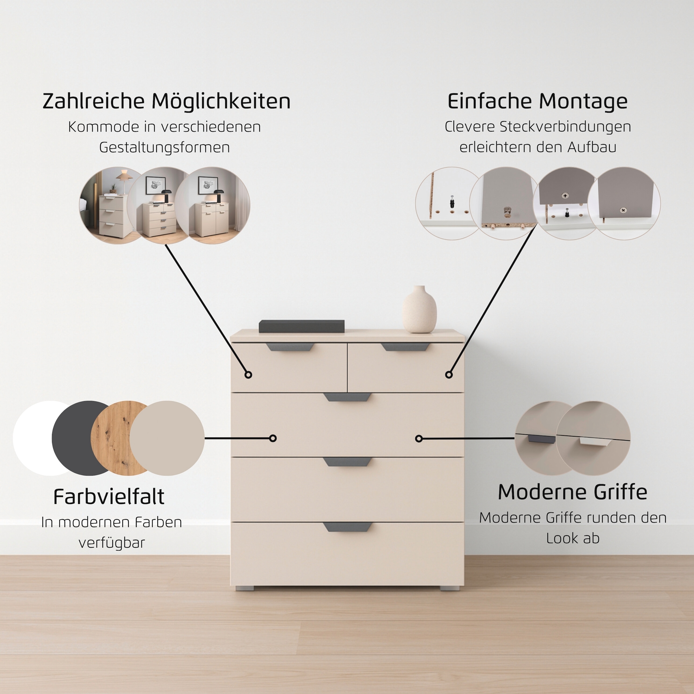 rauch Schubkastenkommode »Sideboard Schubladenkommode COSTA mit farblich passenden Metallgriffen« in 2 Griff-Farben, Breite 80 cm,  fünf praktische und geräumige Schubladen MADE IN GERMANY