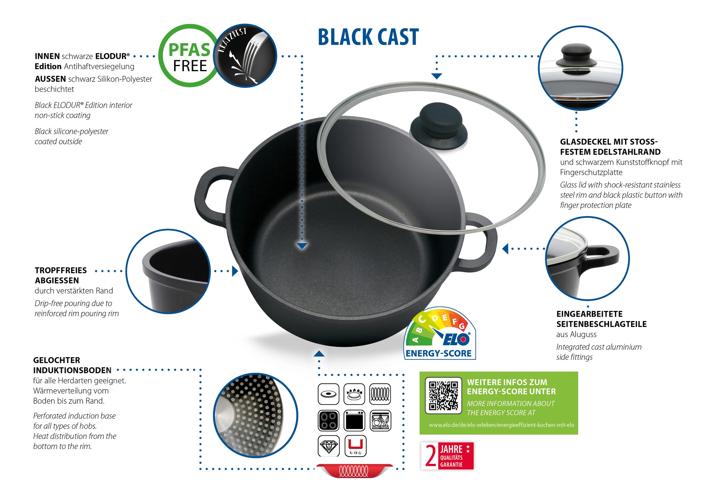 Elo Basic Topf-Set »Black Cast« Set, 3 Töpfe mit Deckel, 1 Stielkasserolle, günstig online kaufen