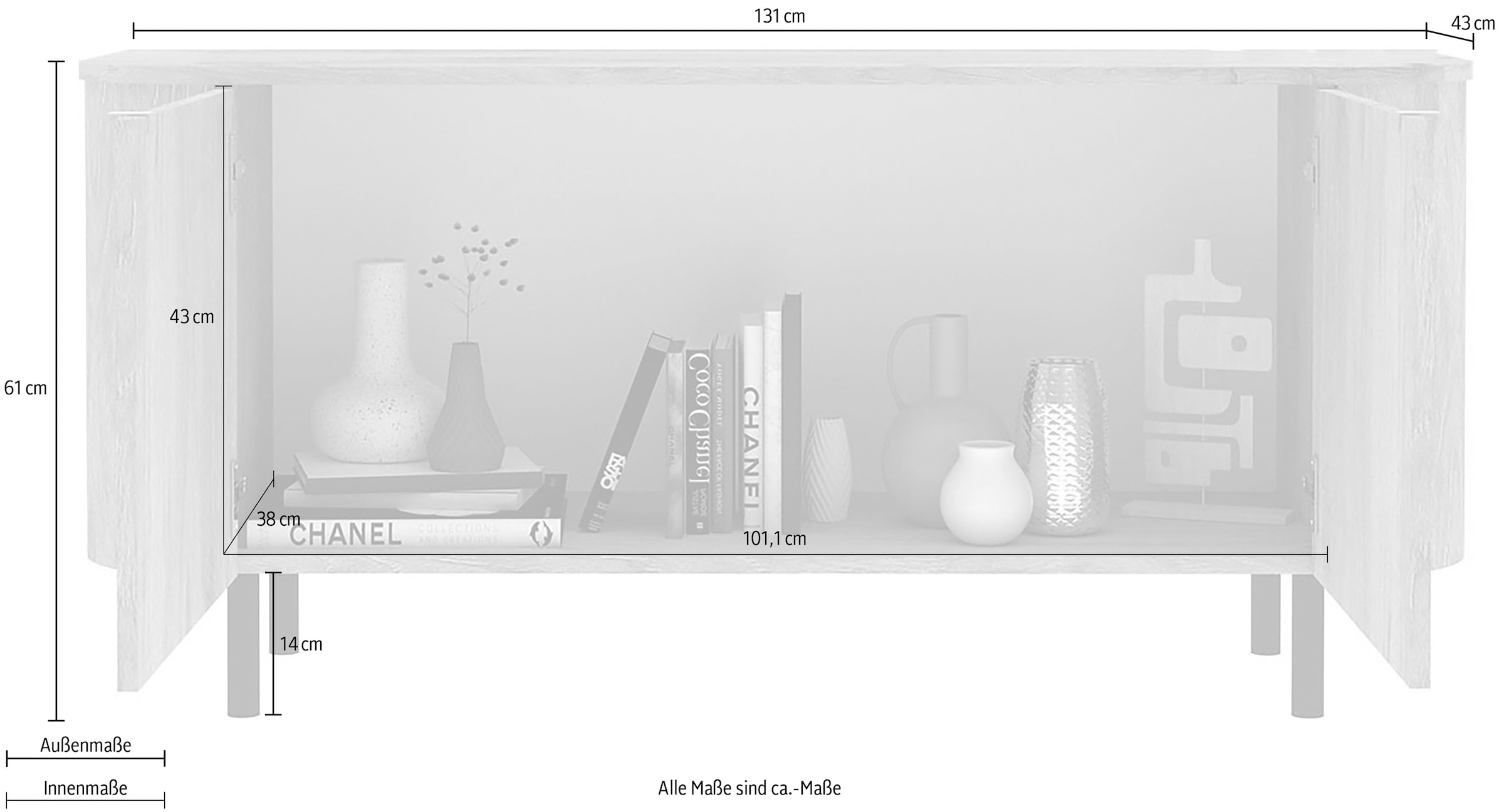 Home affaire Lowboard »Murano, 131 cm breit, 2 Türen, TV-Schrank, TV-Kommode, Medienboard« Formgebogenes MDF, Stirnseiten mit Rundung, Füße und Griffe aus Metall