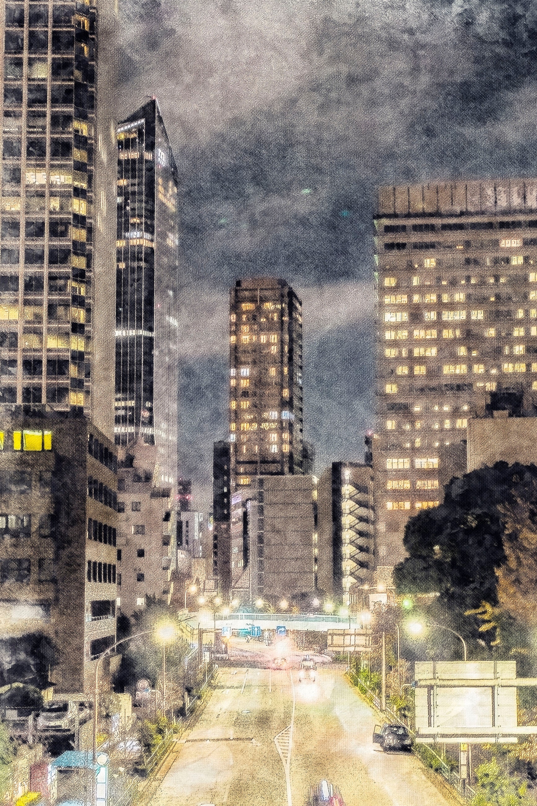 queence Leinwandbild »Stadt  Wolkenkratzer« Filmszene | Frankfurt am Main | Städte Premium-Leinwandstoff, Handarbeit aus Deutschland