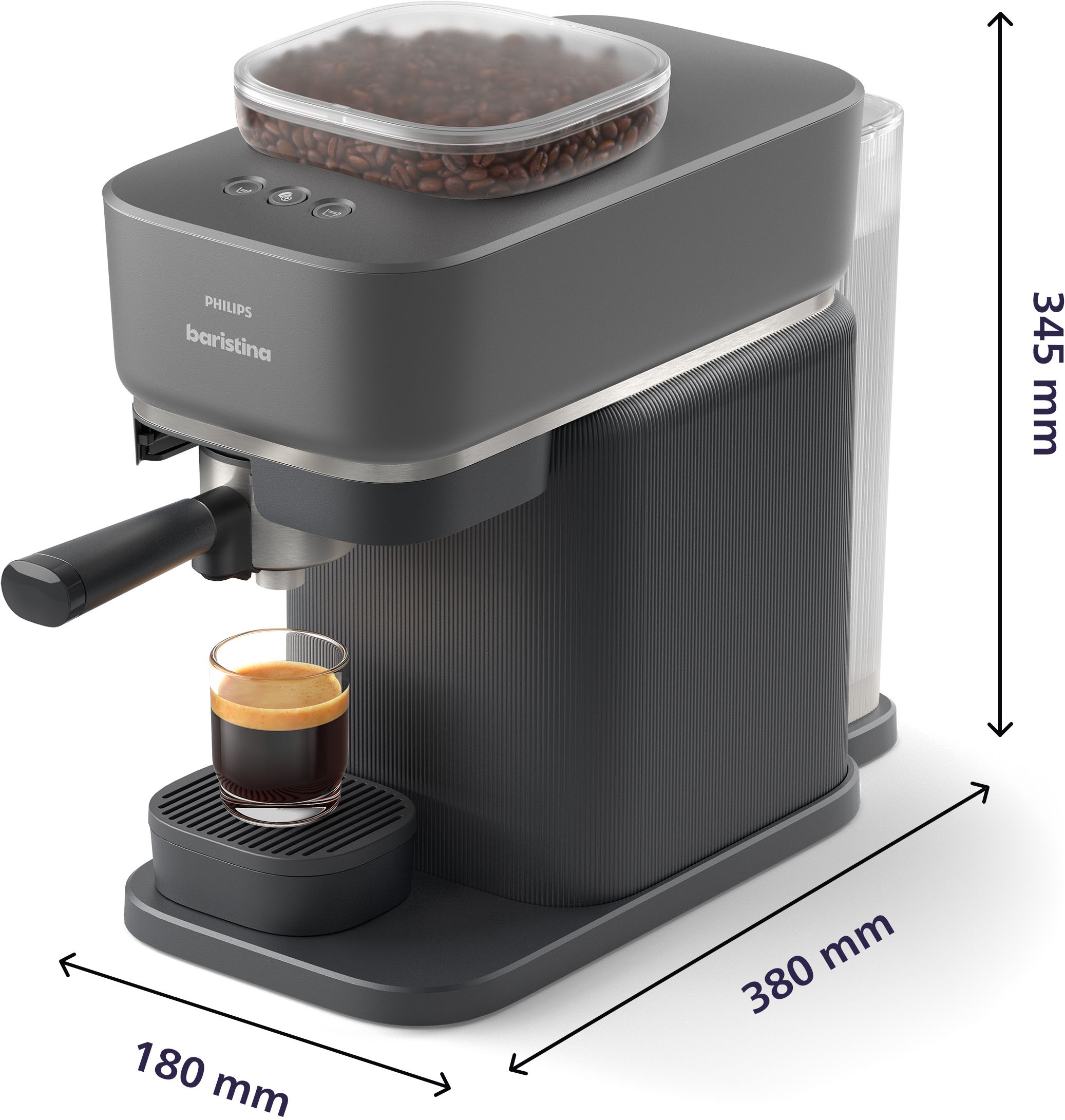 PHILIPS baristina Espressomaschine »BAR308/60 mit Mahlwerk für ganze Bohnen, Milchaufschäumer inkl.« 16 bar Pumpendruck, Schwarzgrau