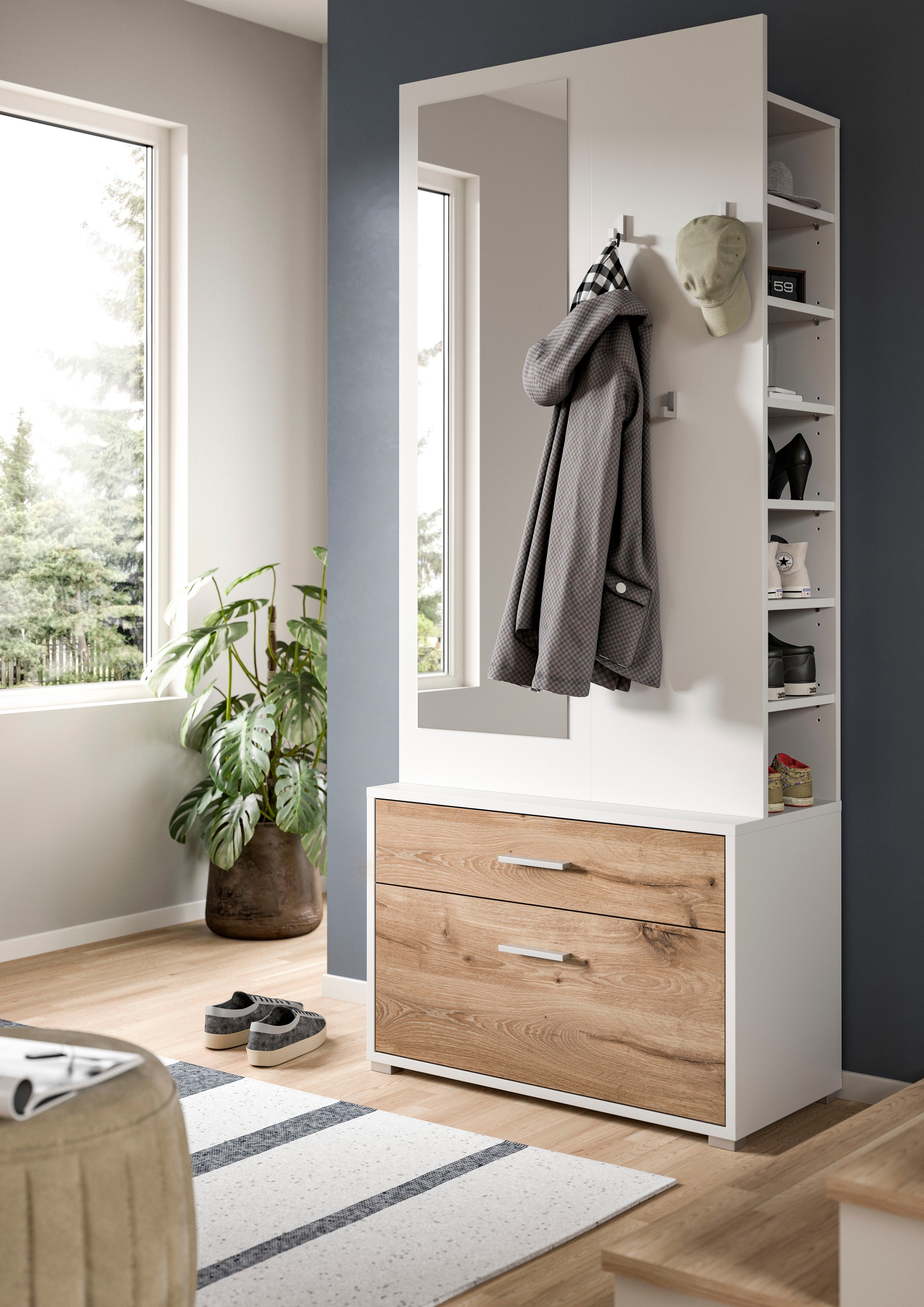 INOSIGN Kompaktgarderobe »Morrea, Höhe 190 cm, 1 Schubkästen, 6 Haken, 1 Kleiderstange, 7 Fächer«, (1 St.), schmale Garaderobe, Stauraum, Flur, Diele