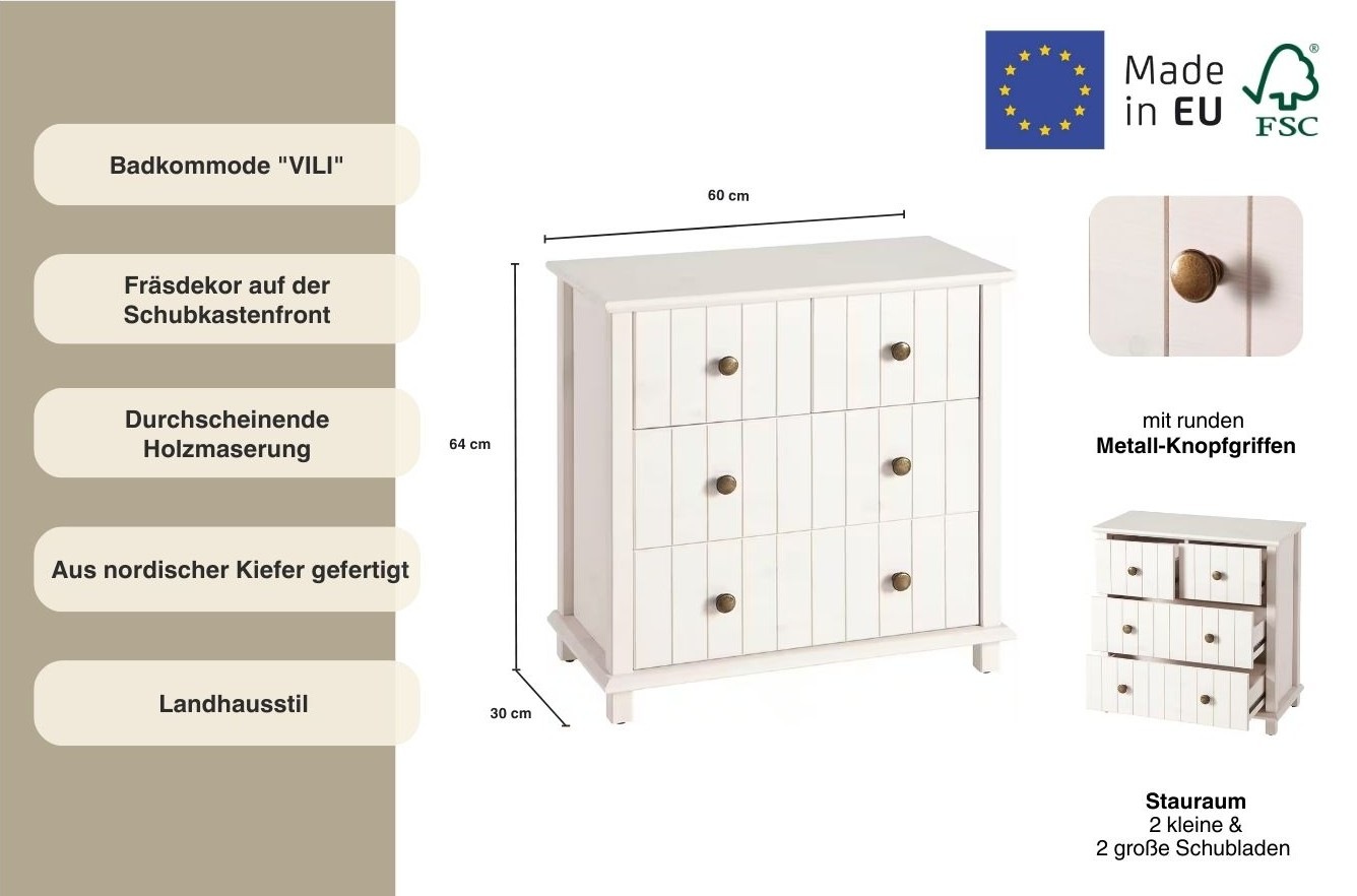 Home affaire Badkommode »Vili«, Badezimmerschrank, Unterschrank, 4 Schubladen, aus Massivholz