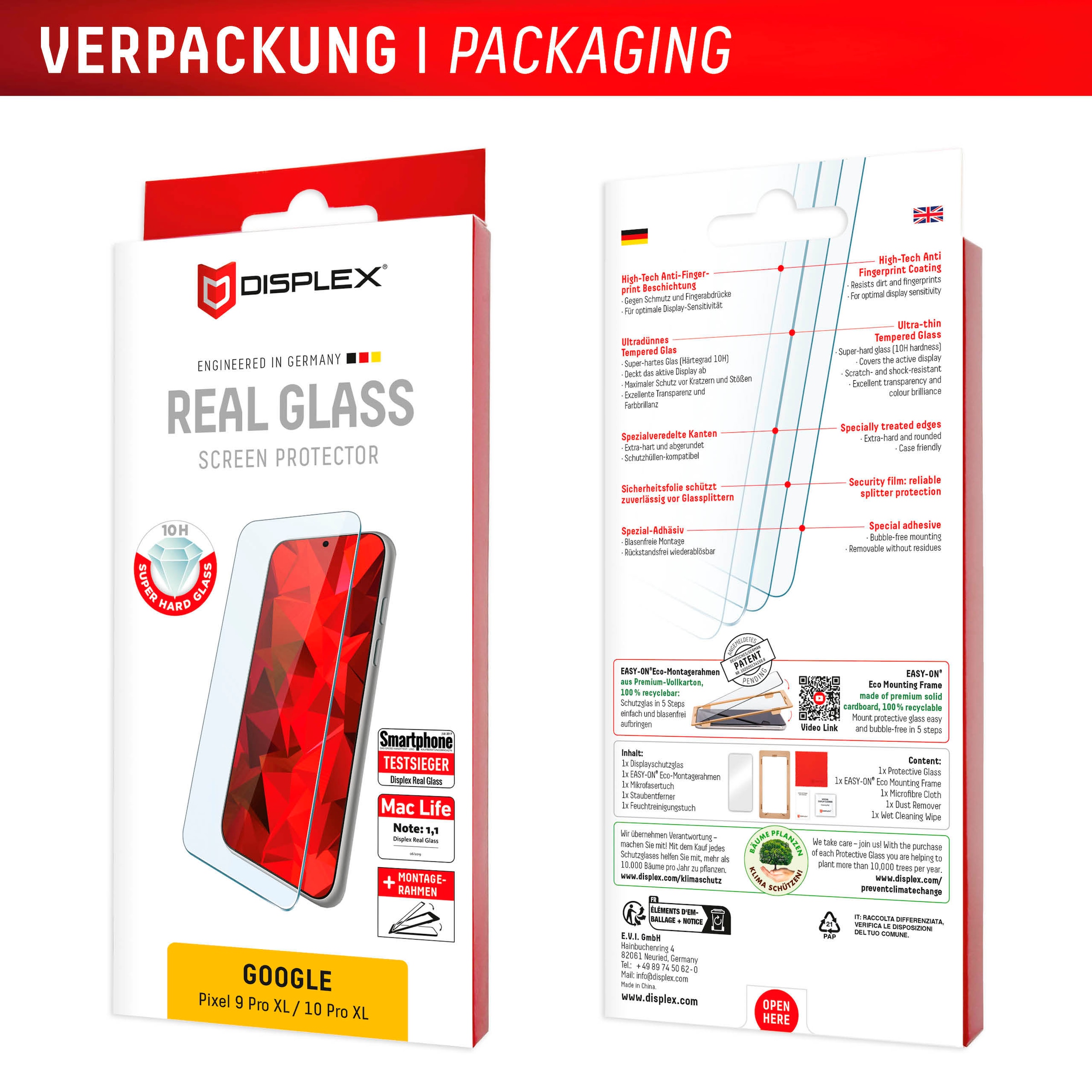 Displex Displayschutzglas »Real Glass Screen Protection«, für Google Pixel 10 Pro XL-Google Pixel 9 Pro, Displayschutzfolie, Schutzfolie, Bildschirmschutz, kratz- & stoßfest